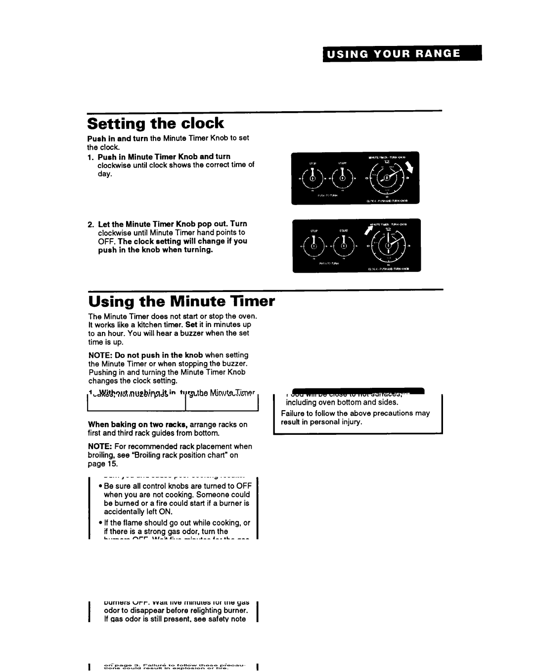 Whirlpool FGS385Y manual Setting the clock, Using the Minute Timer 