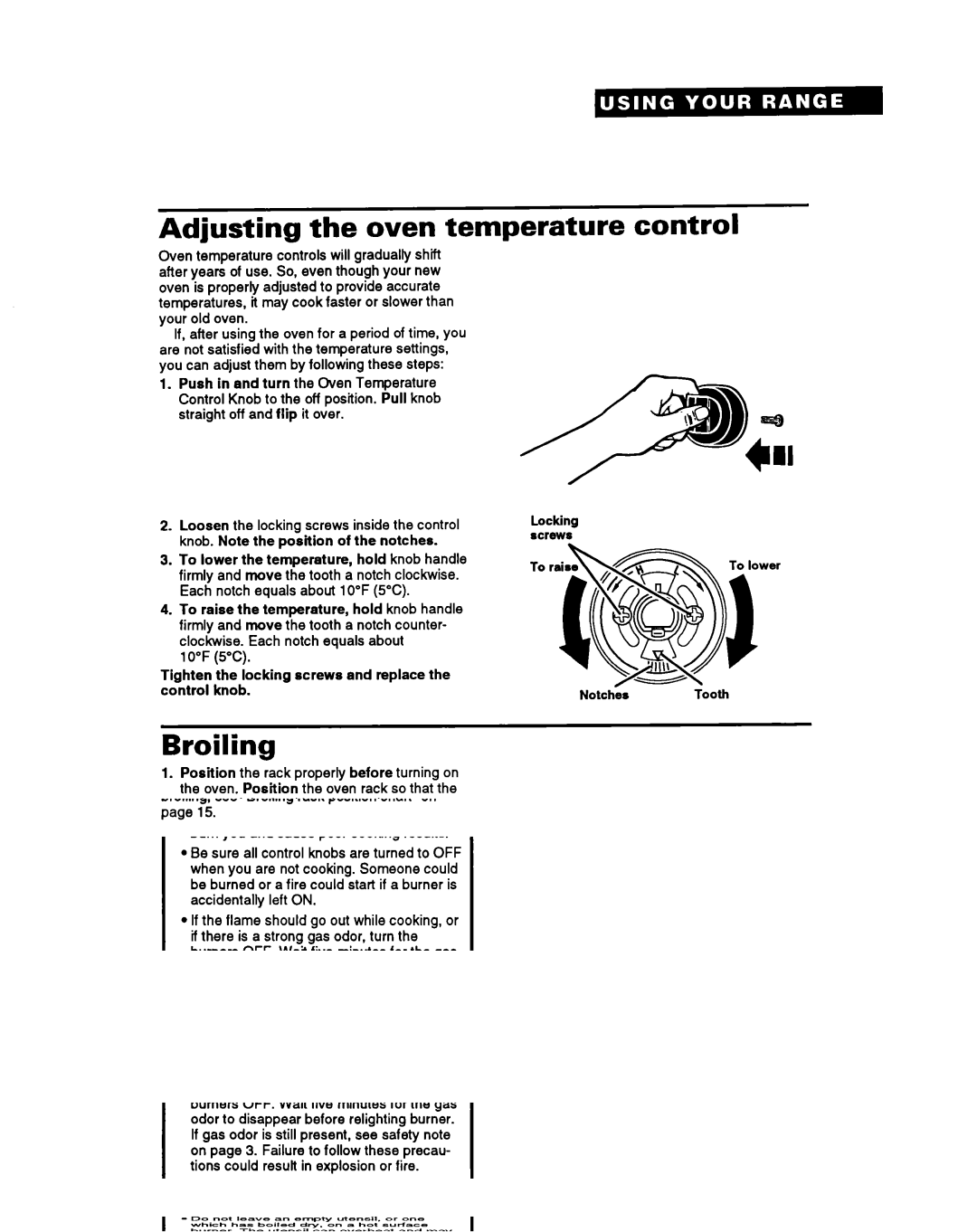 Whirlpool FGS385Y manual Adjusting the oven temperature control, Broiling 