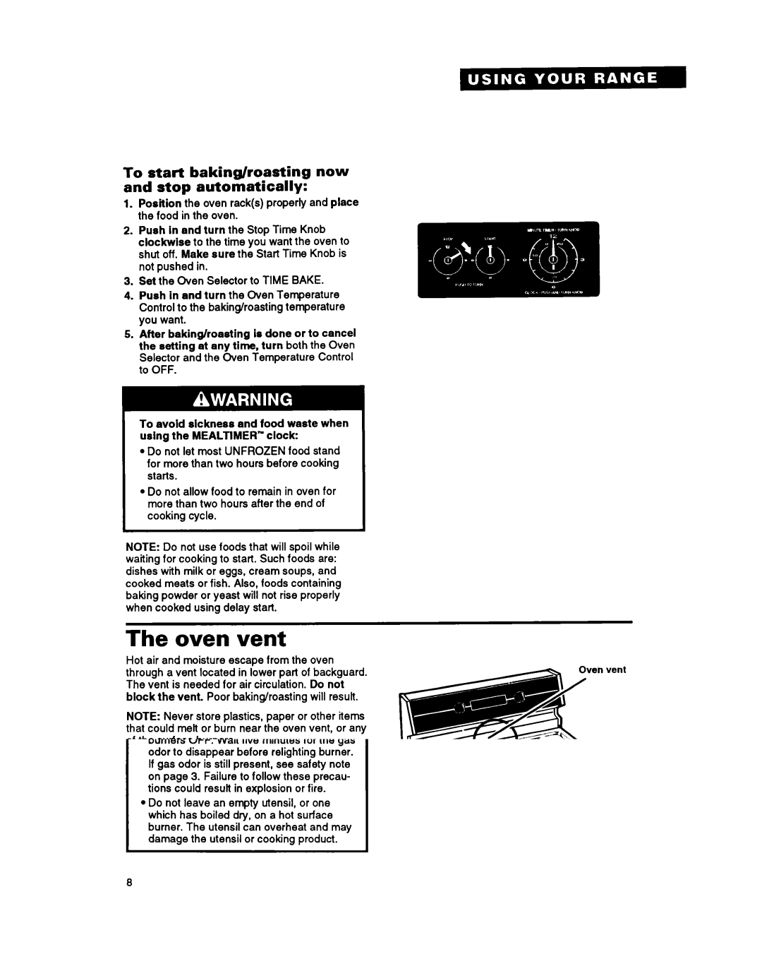 Whirlpool FGS385Y manual Oven vent, To start baking/roasting now and stop automatically, Burn Hazard 