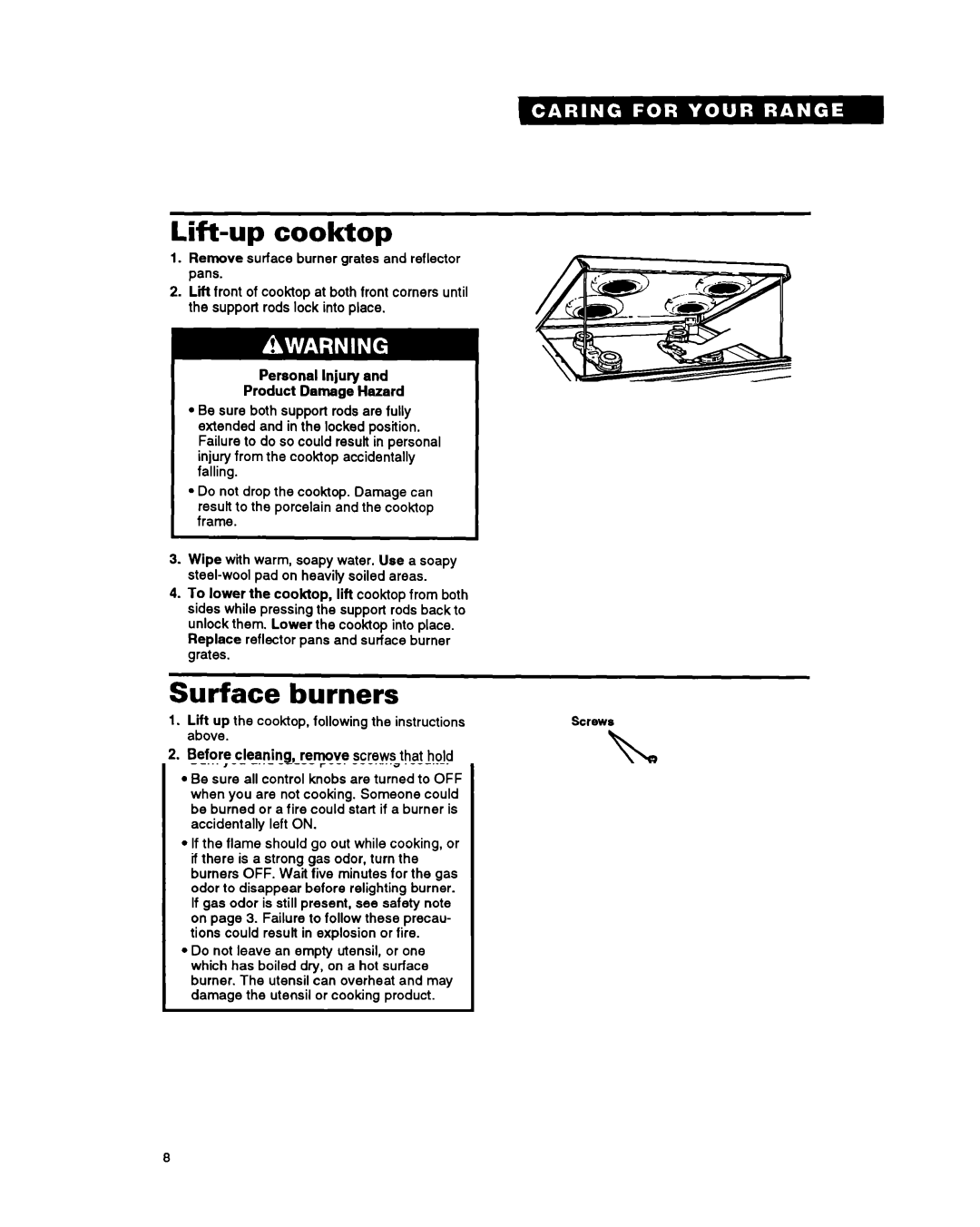 Whirlpool FGS385Y manual Lift-up cooktop, Burners, Replace reflector pans and surface burner grates, Above 