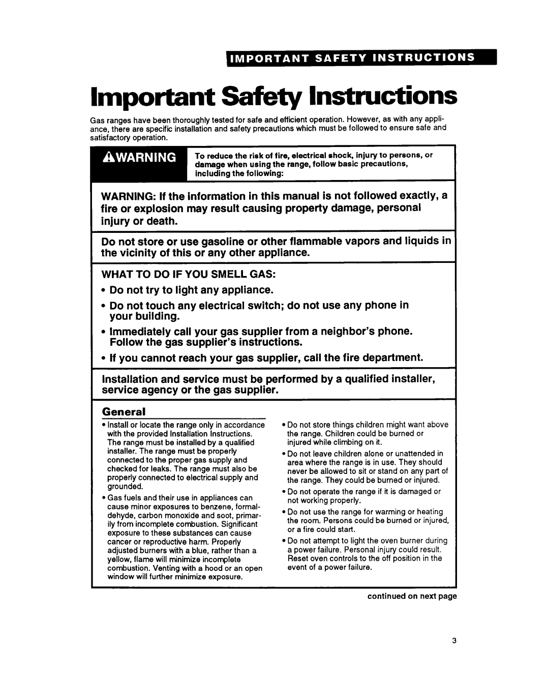 Whirlpool FGS385Y manual Important Safety Instructions, General 