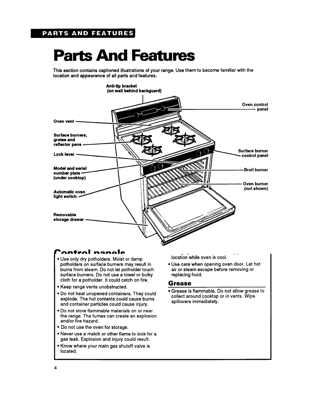 Whirlpool FGS385Y manual Parts And Features, Control Panels, Right Front 