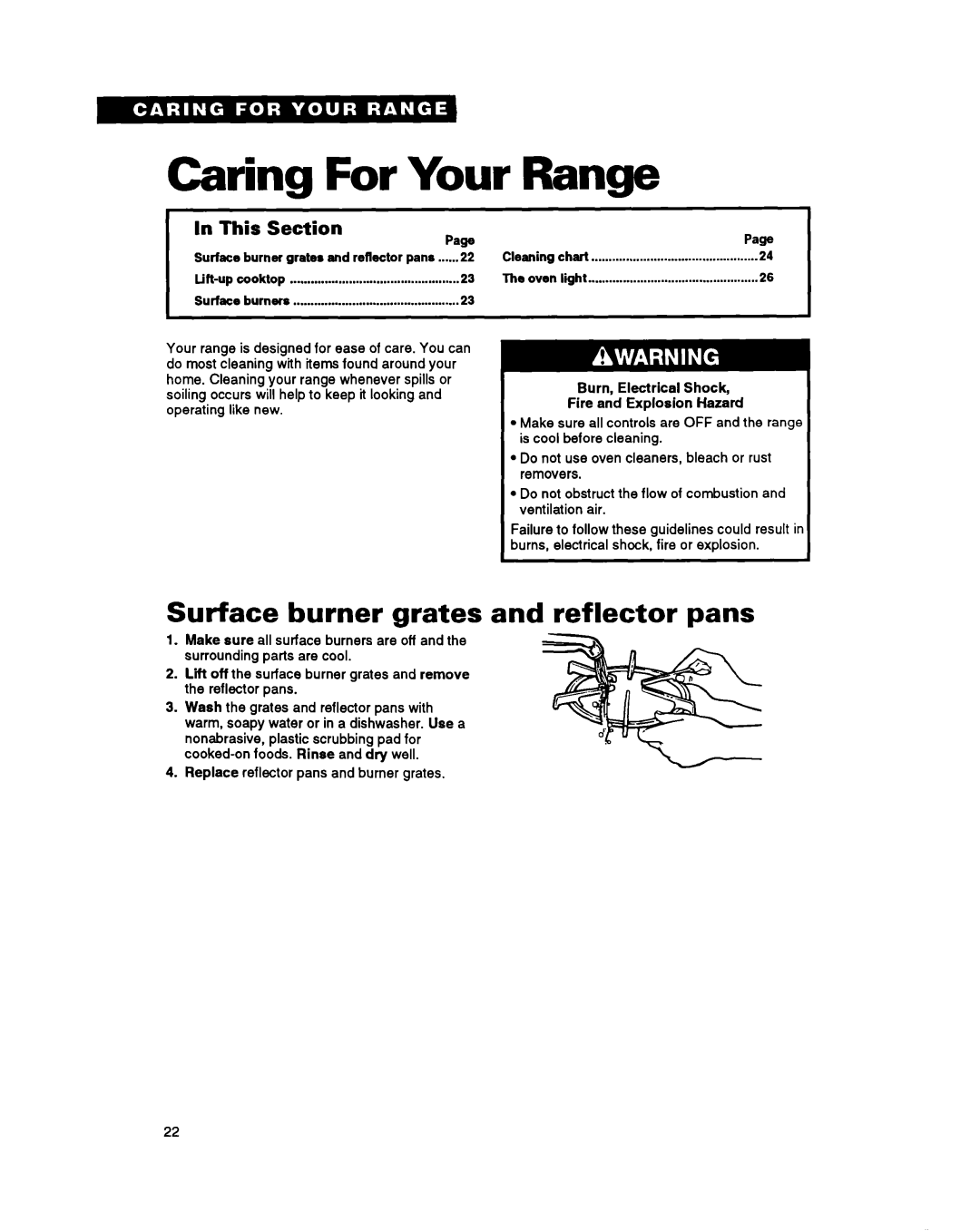 Whirlpool FGS385Y manual Caring For Your Range, Surface burner grates and reflector pans, In This Section Page 