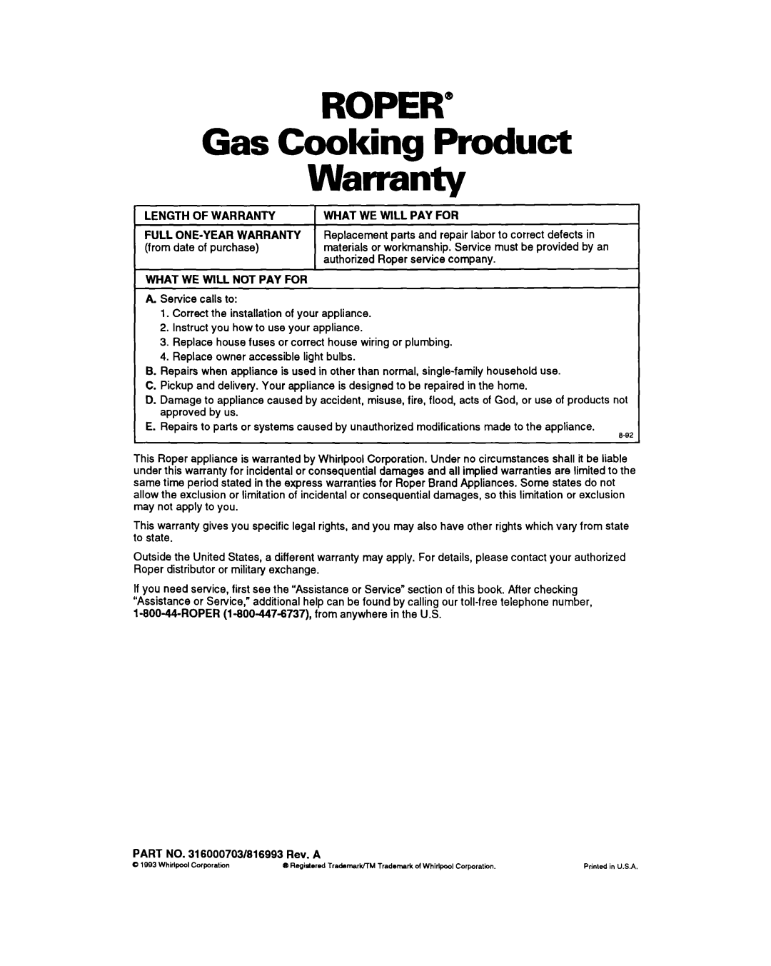 Whirlpool FGS385Y manual ROPER‘= Gas Cooking Product Warranty 