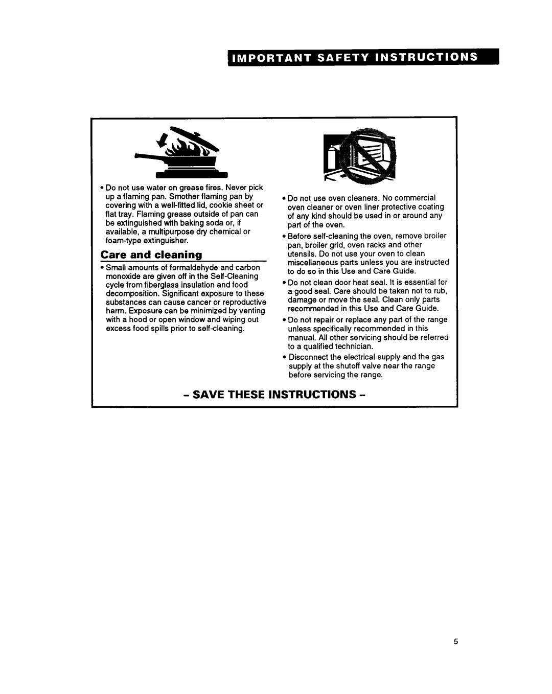 Whirlpool FGS385Y manual Care and cleaning, Save These Instructions 