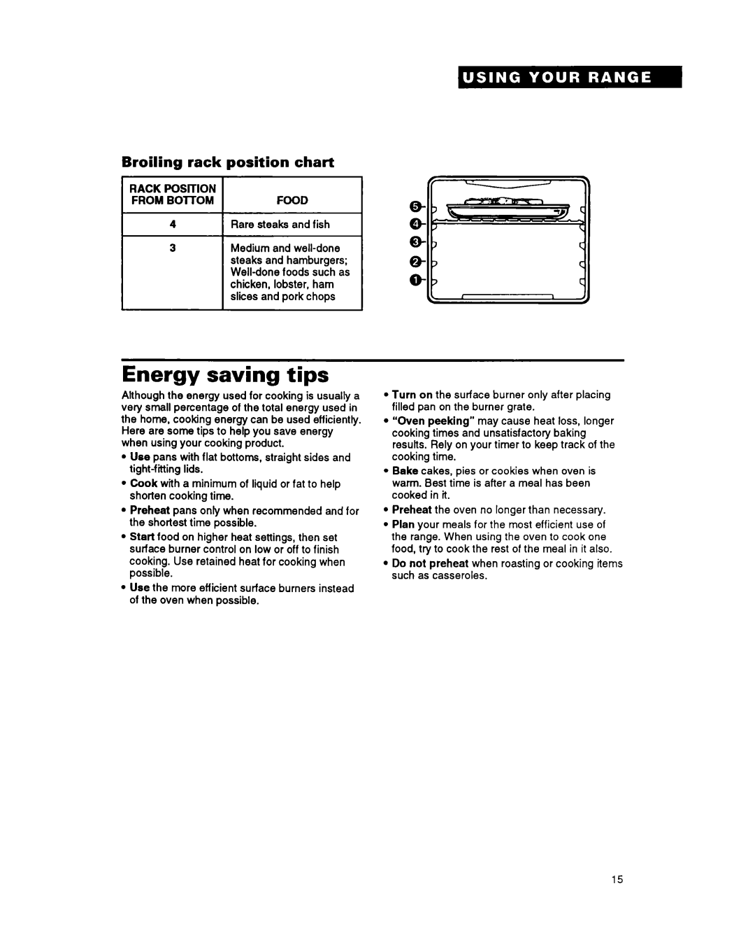 Whirlpool FGS387Y manual Energy saving tips, Rack Position, Food, From 