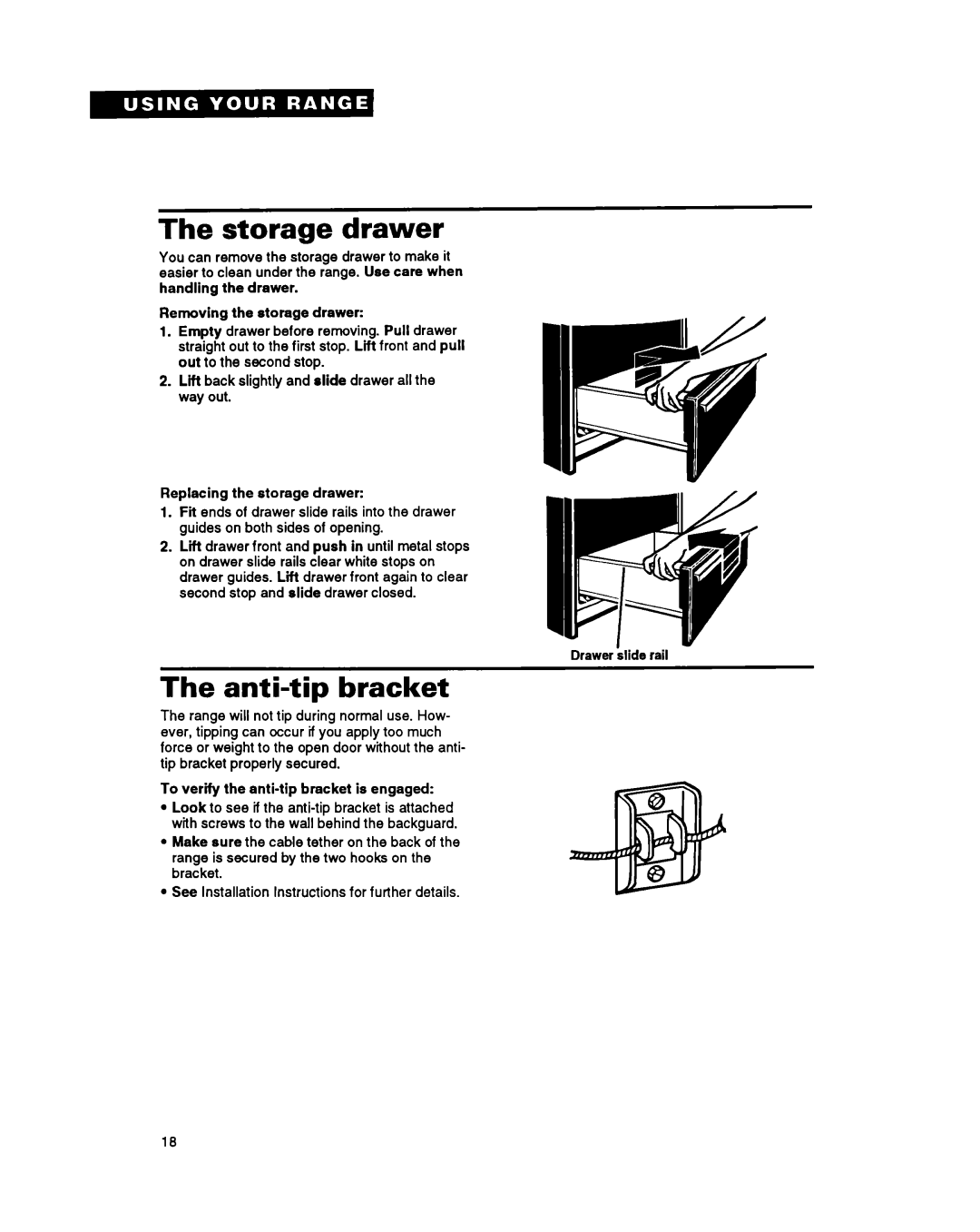 Whirlpool FGS387Y manual Storage drawer, Anti-tip bracket 