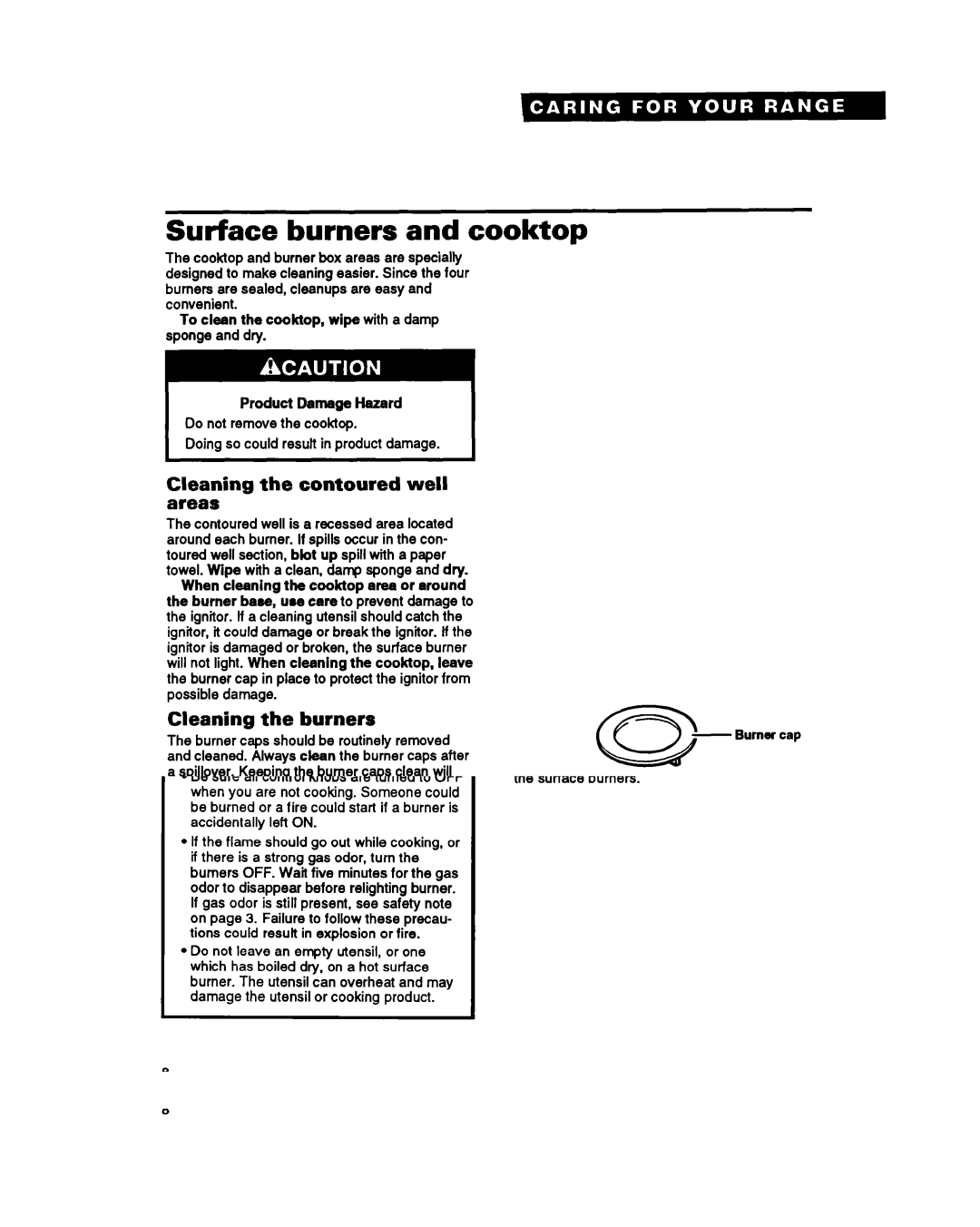 Whirlpool FGS387Y manual Surface burners and cooktop, Cleaning Contoured Well Areas, Burners 