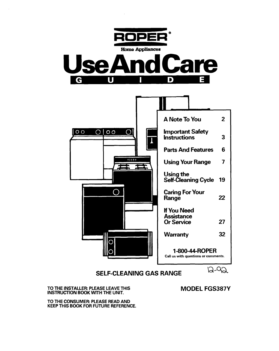Whirlpool FGS387Y manual UseAndCave, A Note To You, Important Safety Instructions3 Parts And Features, l-800-44-ROPER 