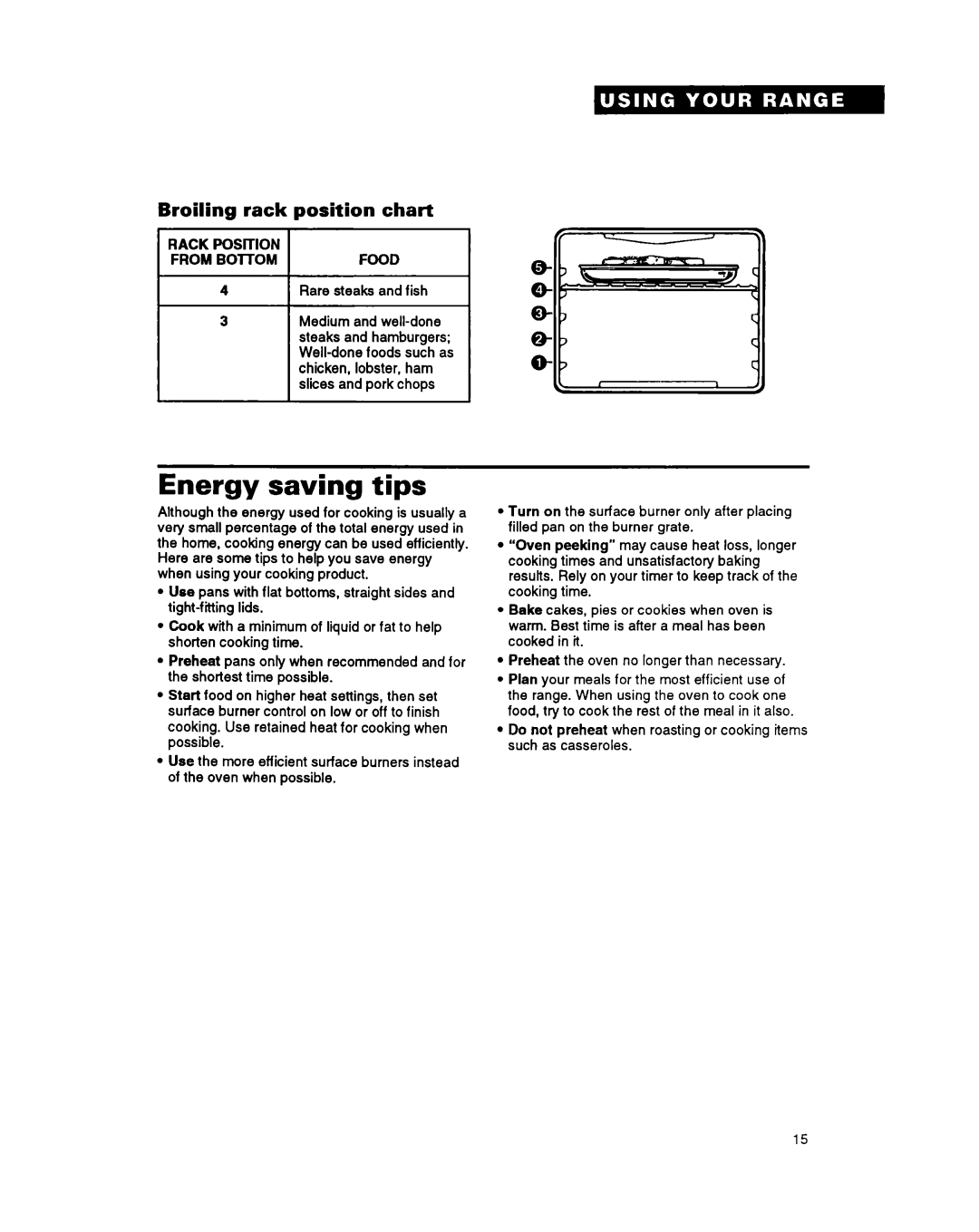 Whirlpool FGS387Y manual Energy saving tips, rack, position, Broiling, chart 