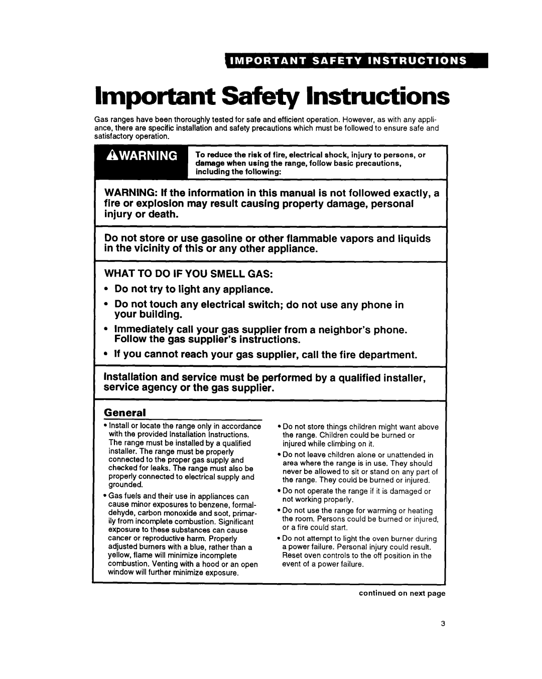 Whirlpool FGS387Y manual Important Safety Instructions 