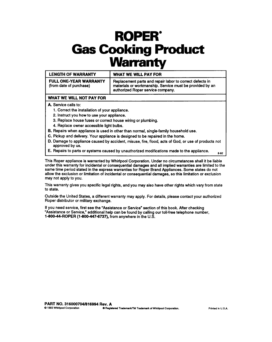 Whirlpool FGS387Y manual ROPER” Gas Cooking Product Warranty 