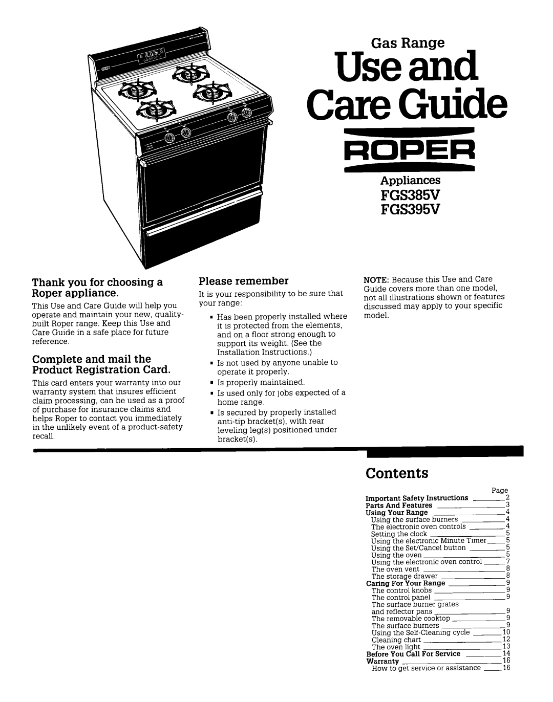 Whirlpool FGS385V, FGS395V manual Ui6R%d Care Guide, Contents 