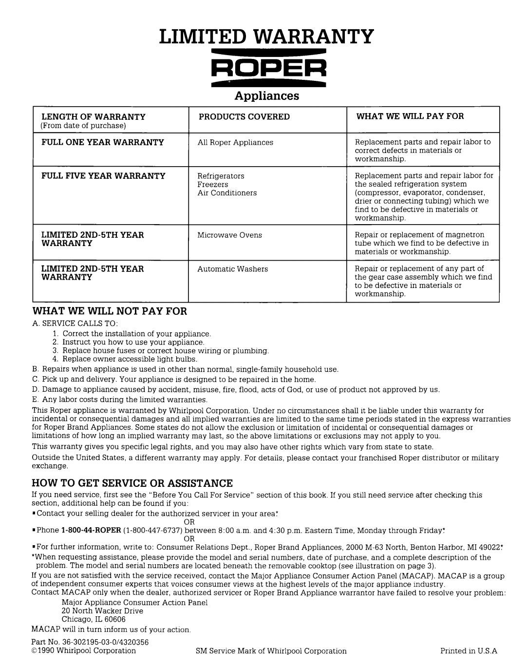 Whirlpool FGS395V, FGS385V manual Length of Warranty, Full ONE Year Warranty, Full Five Year Warranty, Limited 2ND-5TH Year 