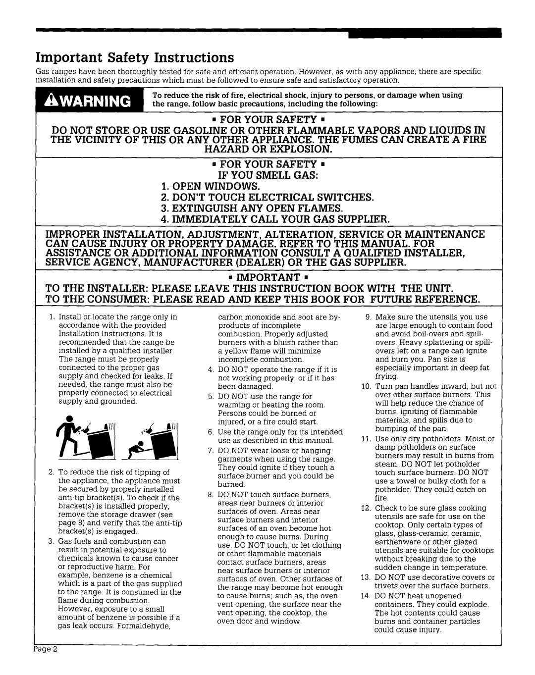 Whirlpool FGS395V, FGS385V manual Important Safety Instructions 