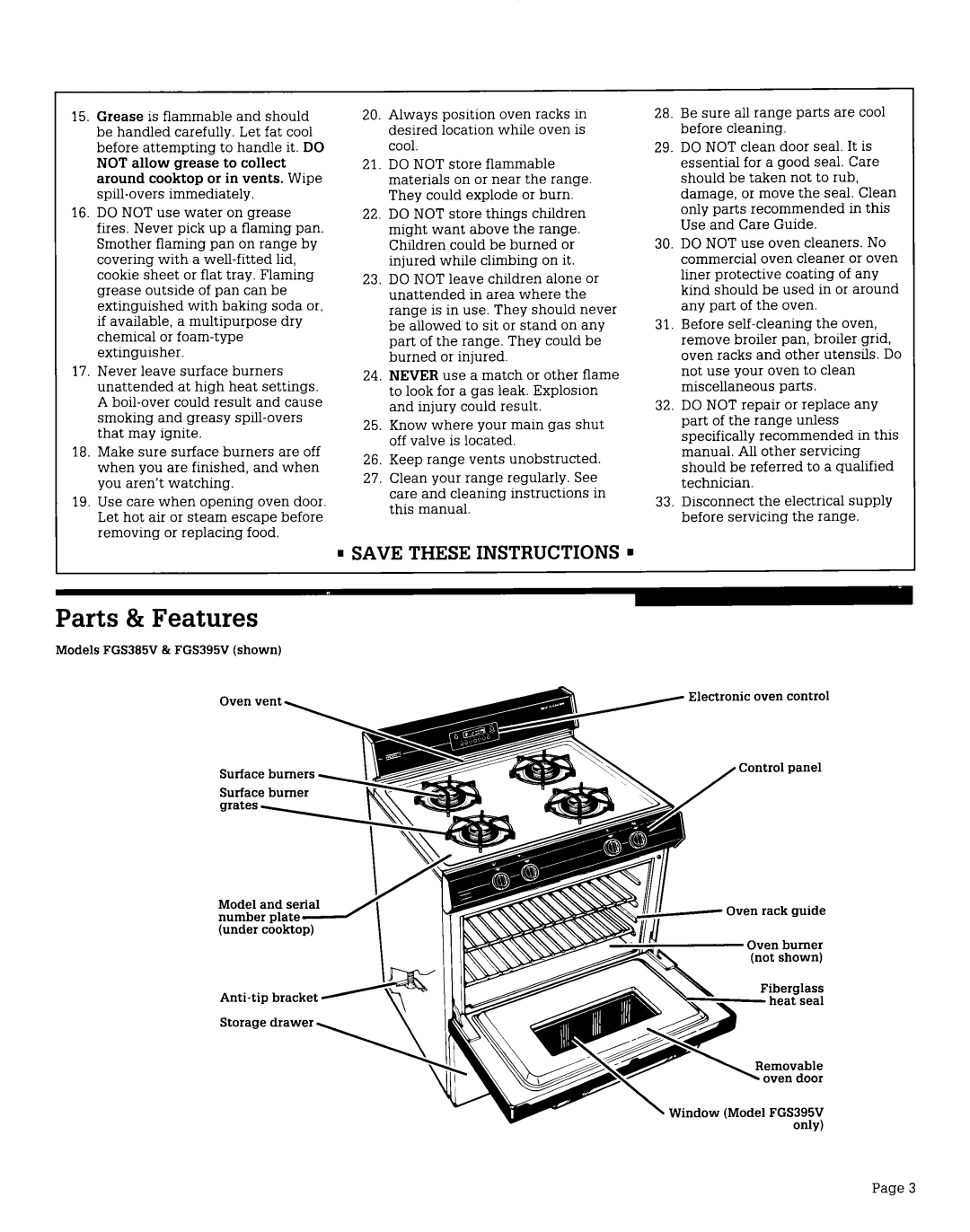 Whirlpool FGS385V, FGS395V manual Parts & Features, Save These Instructions ’ 