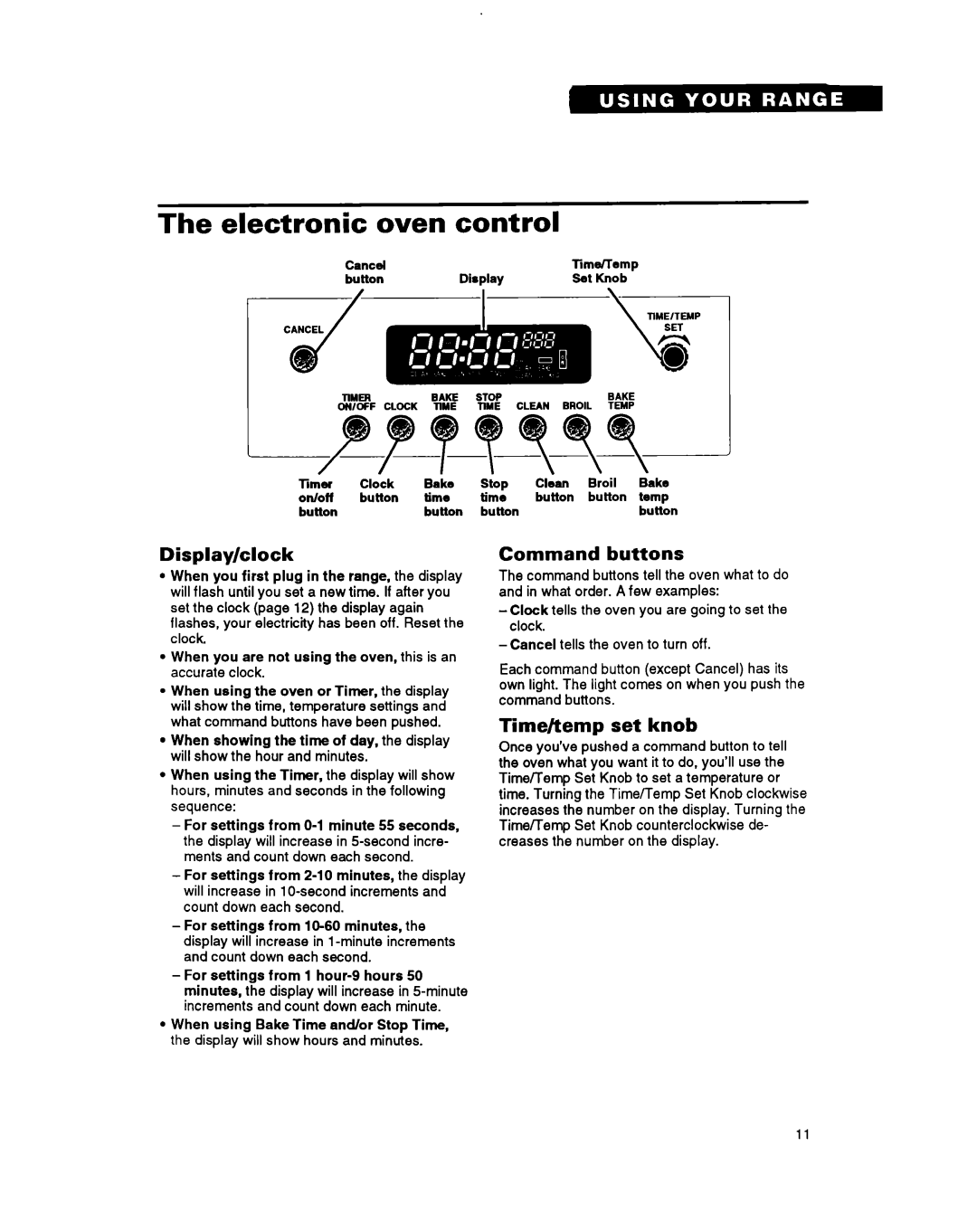 Whirlpool FGS395Y important safety instructions Electronic oven control, Display/clock, Command buttons, Timehemp set knob 