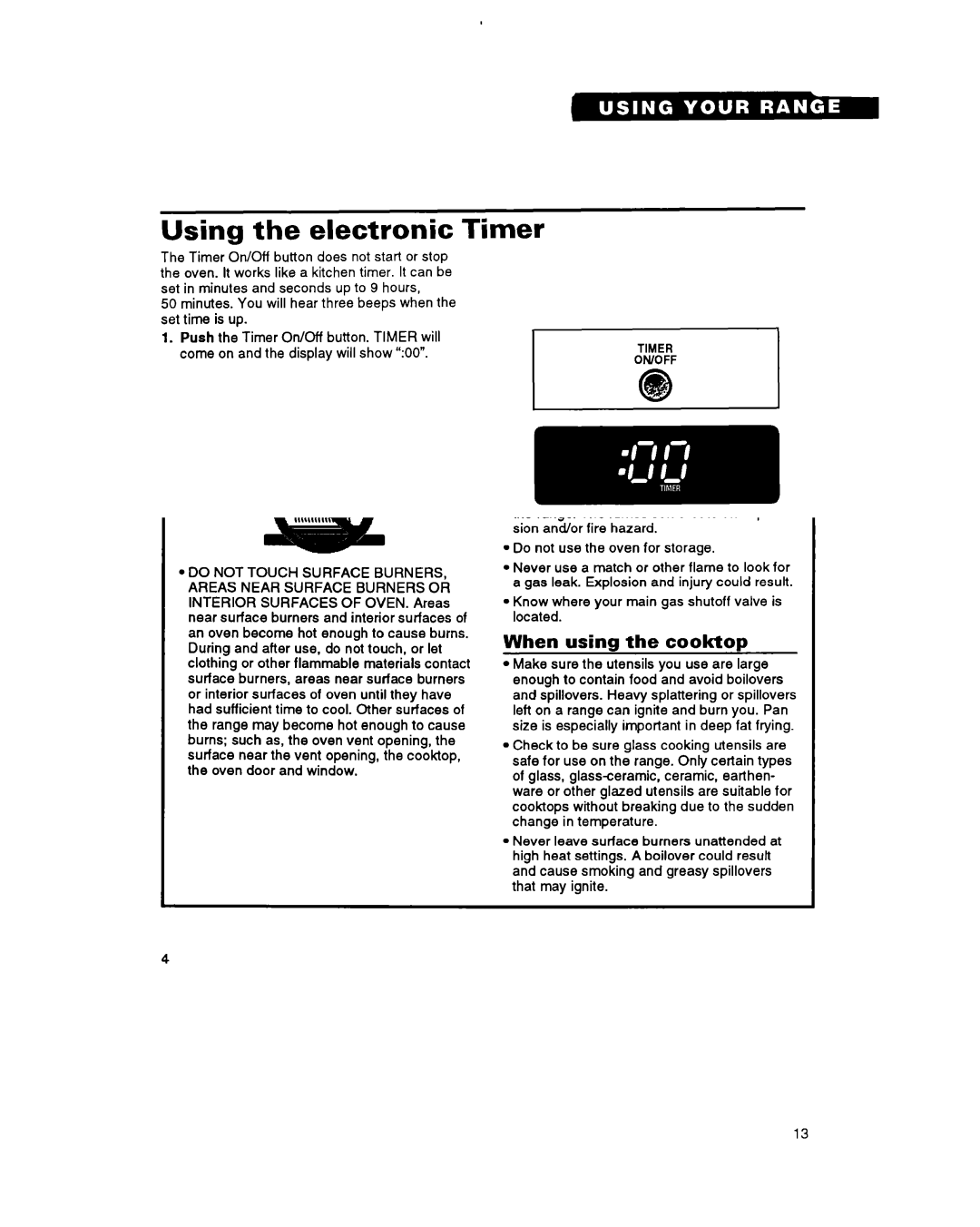 Whirlpool FGS395Y important safety instructions Using the electronic Timer, Using the Cancel button, To cancel the Timer 