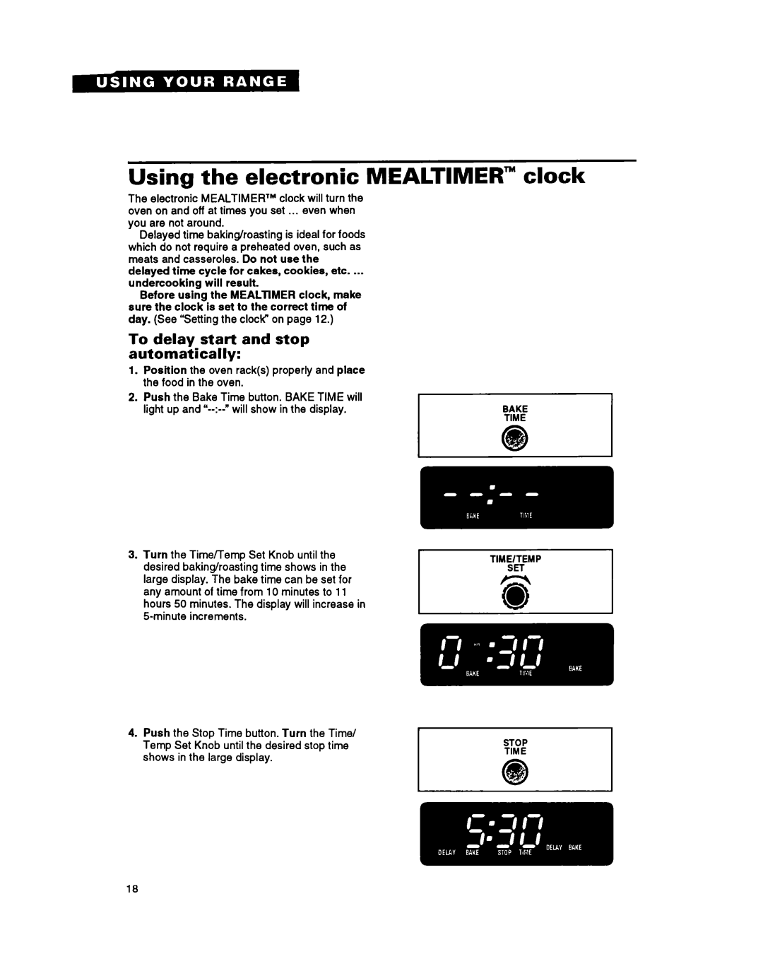 Whirlpool FGS395Y important safety instructions Using the electronic Mealtimer clock, To delay start and stop automatically 