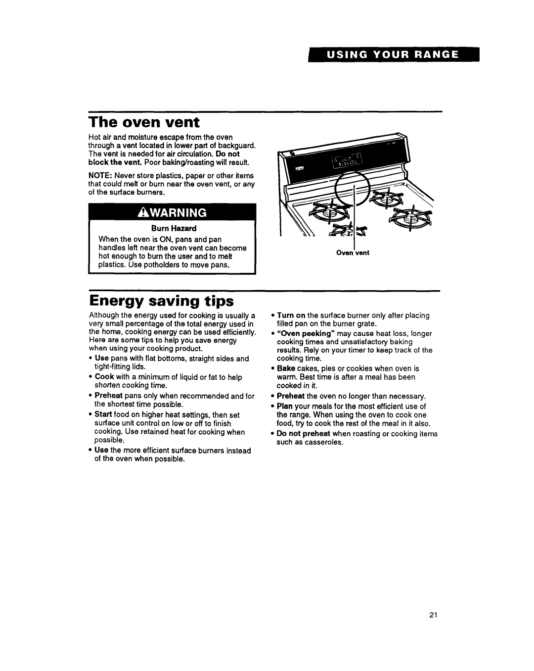 Whirlpool FGS395Y important safety instructions Oven vent, Energy saving tips 