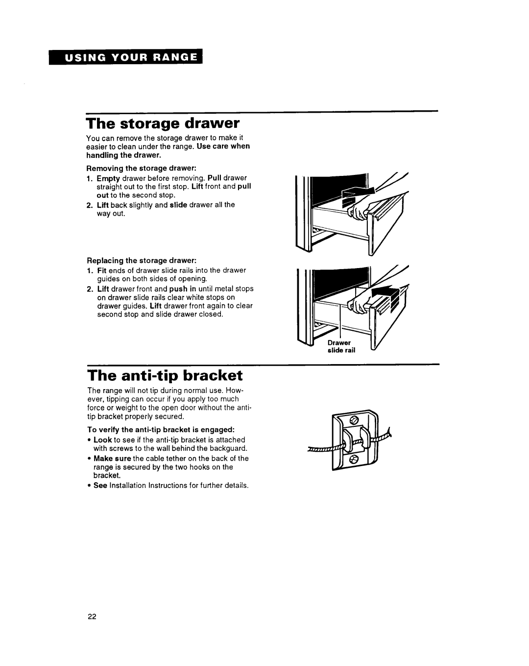 Whirlpool FGS395Y important safety instructions Storage drawer, Anti-tip bracket 