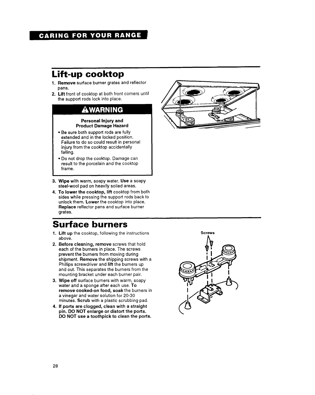 Whirlpool FGS395Y important safety instructions Lift-up cooktop, Surface burners 