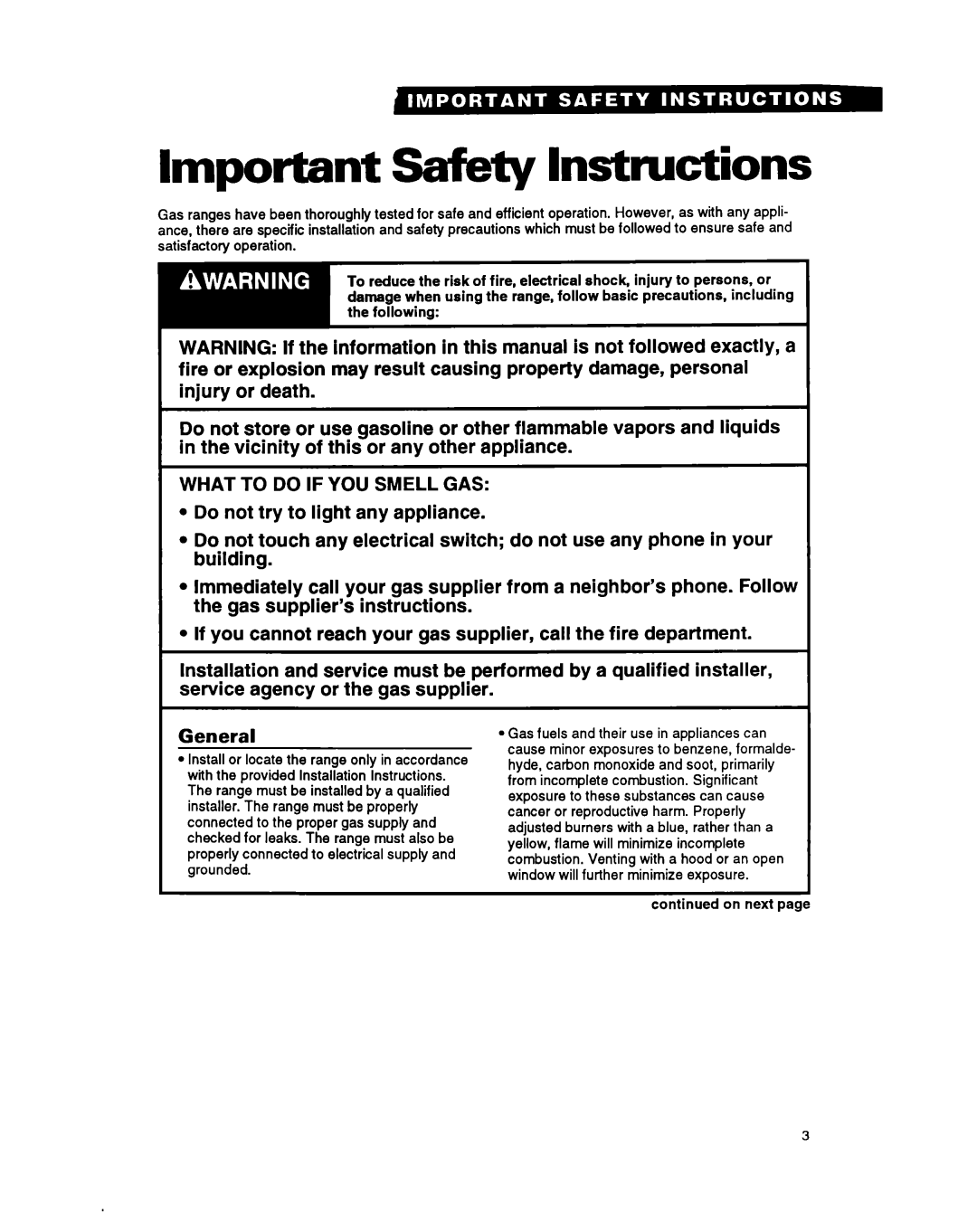 Whirlpool FGS395Y important safety instructions Important Safety Instructions, General 