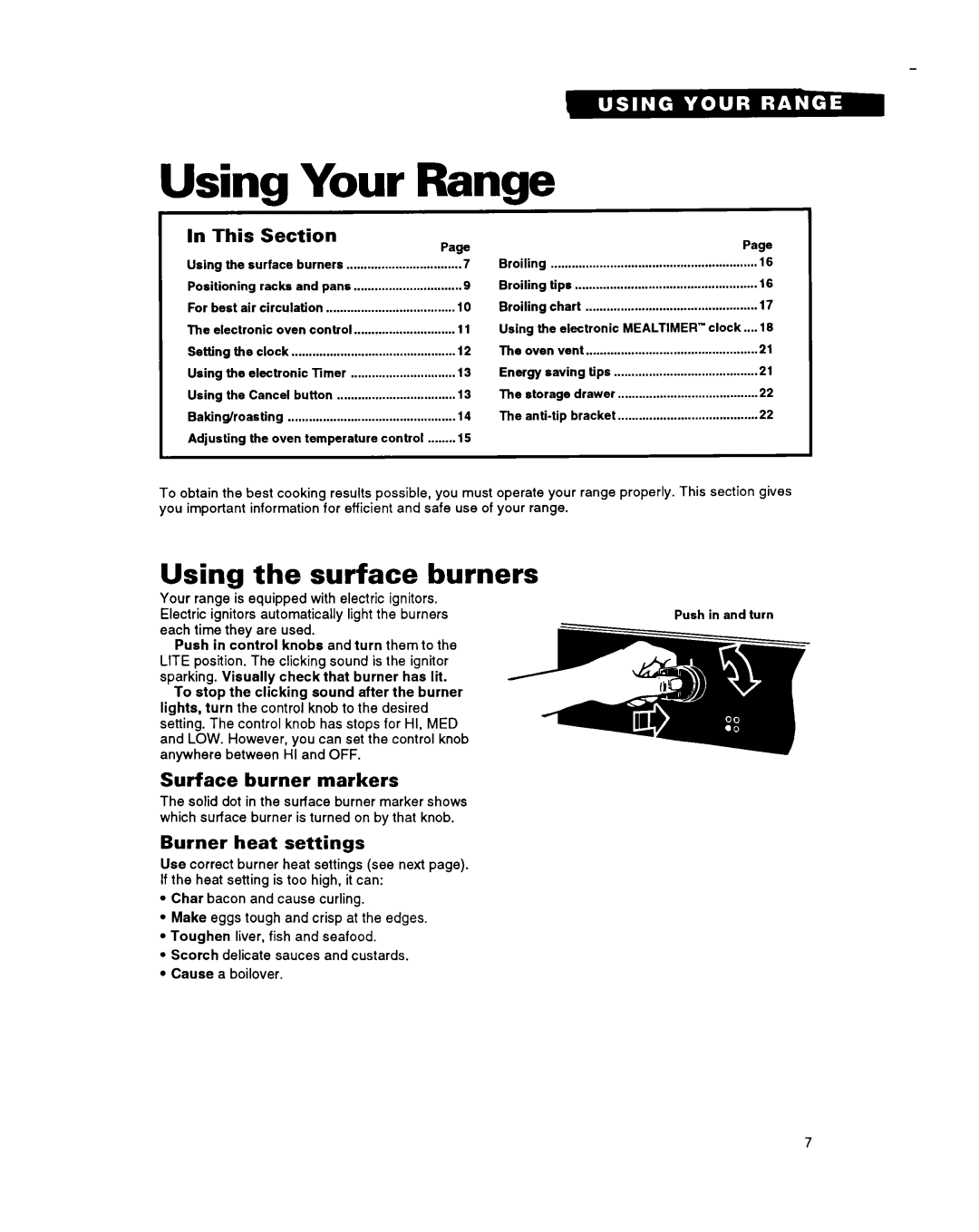 Whirlpool FGS395Y Your, Using the surface burners, This Section, Surface burner markers, Burner heat settings 