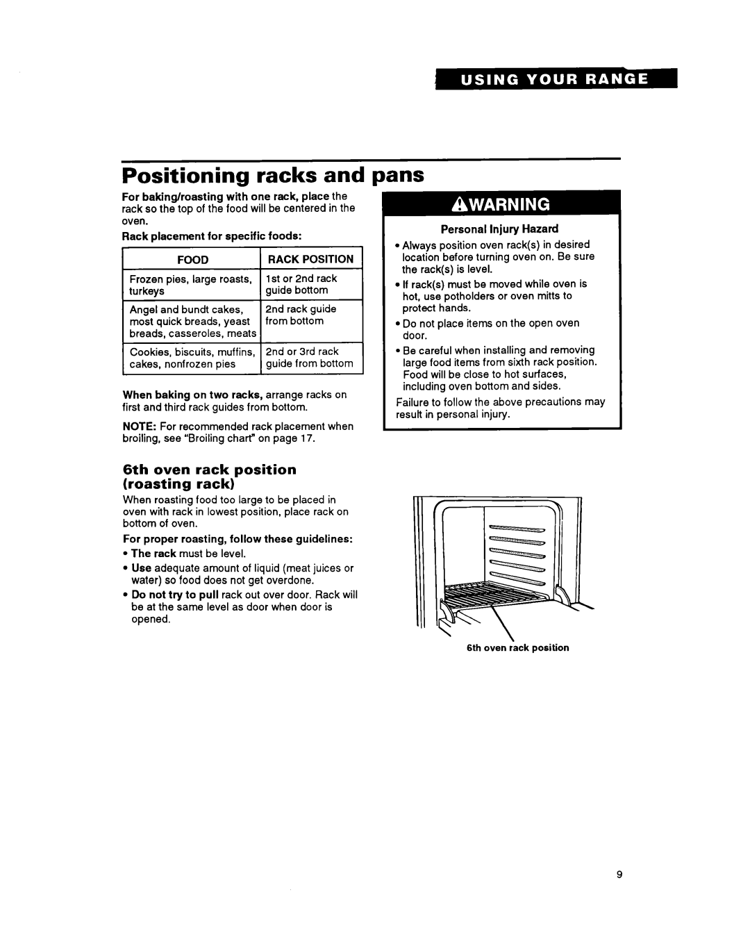 Whirlpool FGS395Y important safety instructions Positioning racks, Pans, 6th oven rack position Roasting rack, Food 