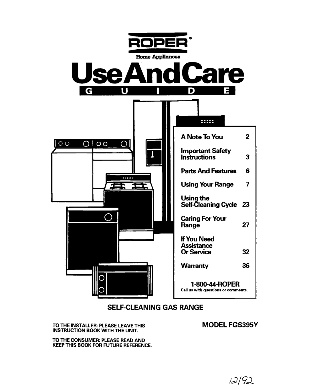 Whirlpool FGS395Y important safety instructions UseAndCare 