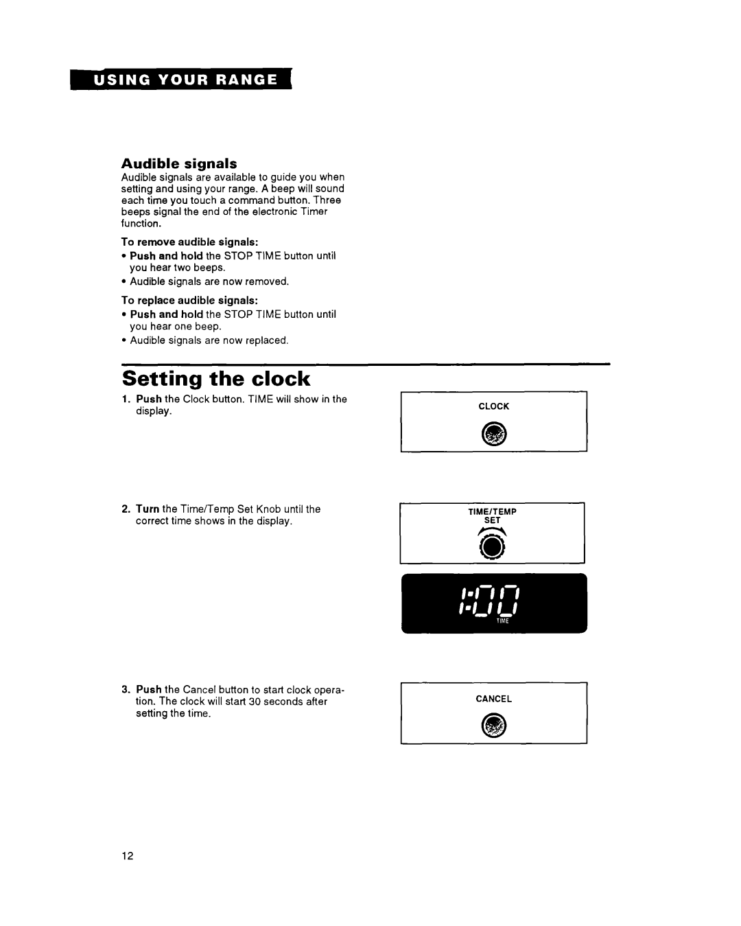Whirlpool FGS395Y important safety instructions Setting the clock, Audible signals 