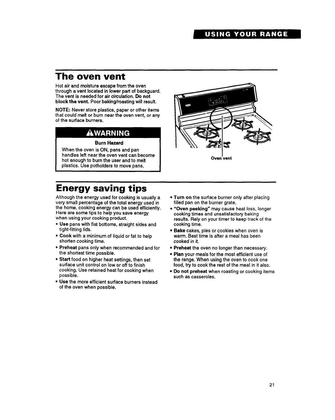 Whirlpool FGS395Y important safety instructions The oven vent, Energy saving tips 