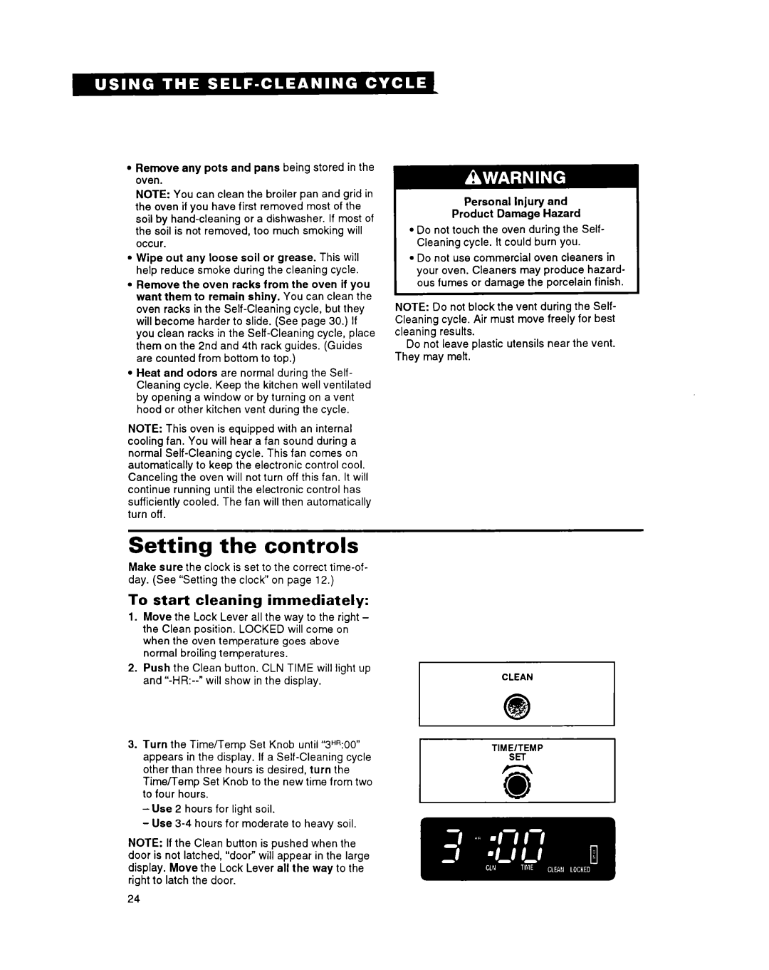 Whirlpool FGS395Y important safety instructions Setting the controls, To start cleaning immediately 