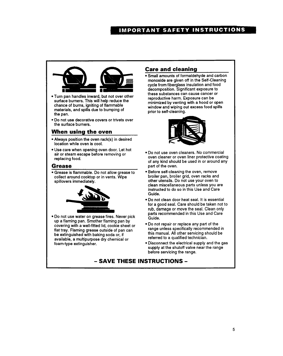 Whirlpool FGS395Y important safety instructions When using the oven, Grease, Care and cleaning, Save These Instructions 