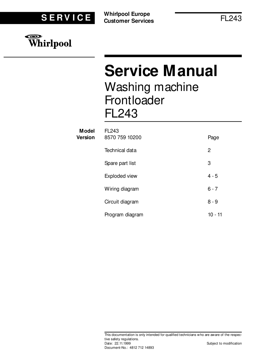 Whirlpool service manual Washing machine Frontloader FL243, Model 