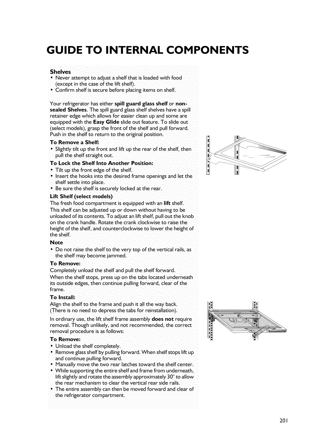 Whirlpool Freezer manual Guide to Internal Components, To Lock the Shelf Into Another Position, To Remove, Shelves 