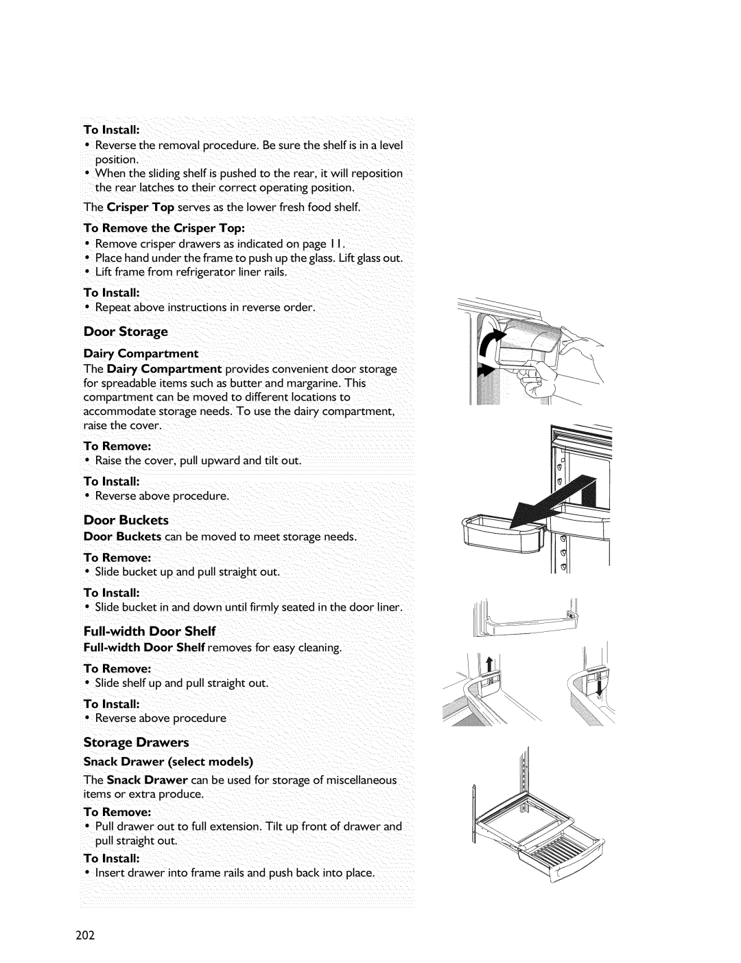 Whirlpool Freezer manual Door Storage, Door Buckets, To Install, To Remove the Crisper Top 