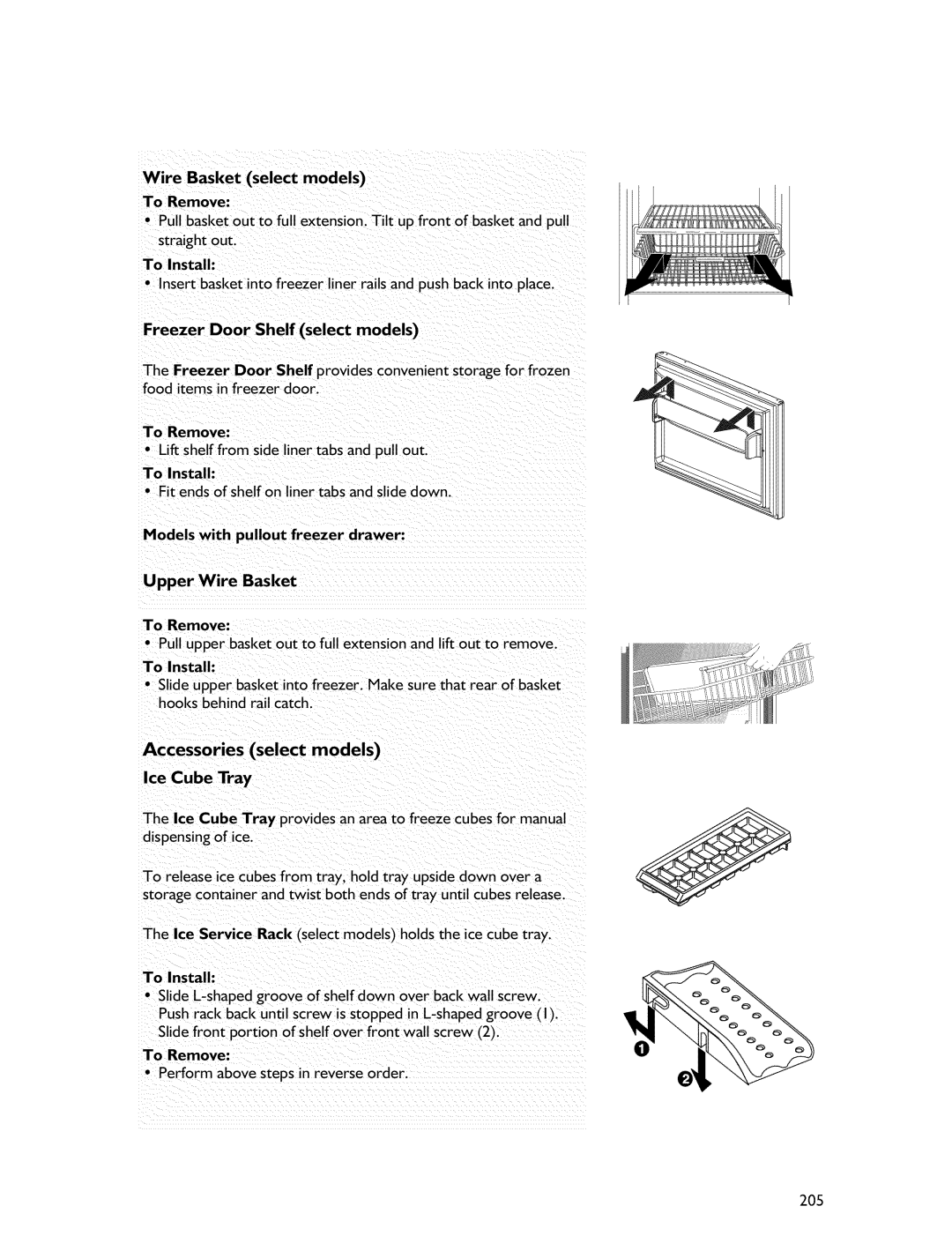 Whirlpool Freezer manual Upper Wire Basket, Accessories select models Ice Cube Tray, 205 