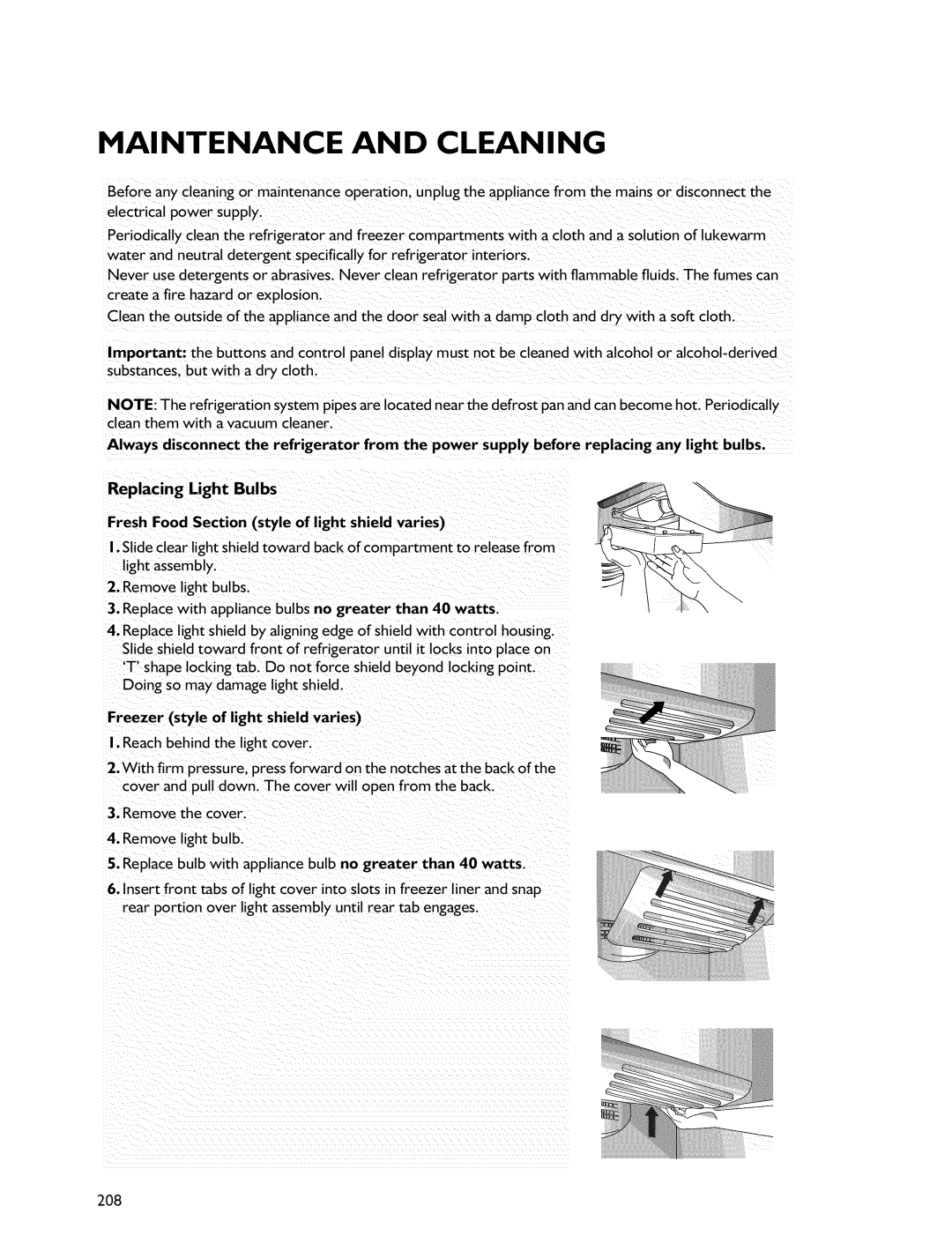 Whirlpool manual Haintenance and Cleaning, Replacing Light Bulbs, Freezer style of light shield varies 