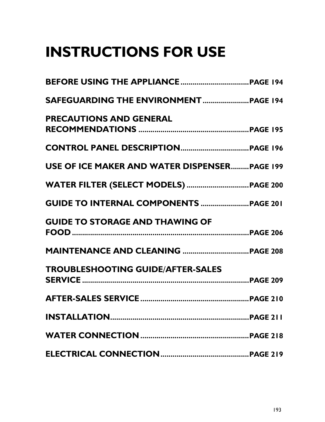 Whirlpool Freezer manual Instructions for USE, 193 