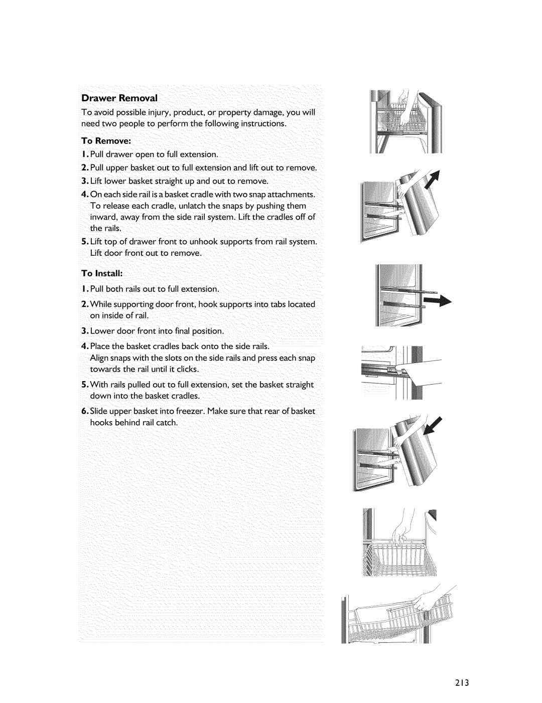 Whirlpool Freezer manual 213, Drawer Removal 