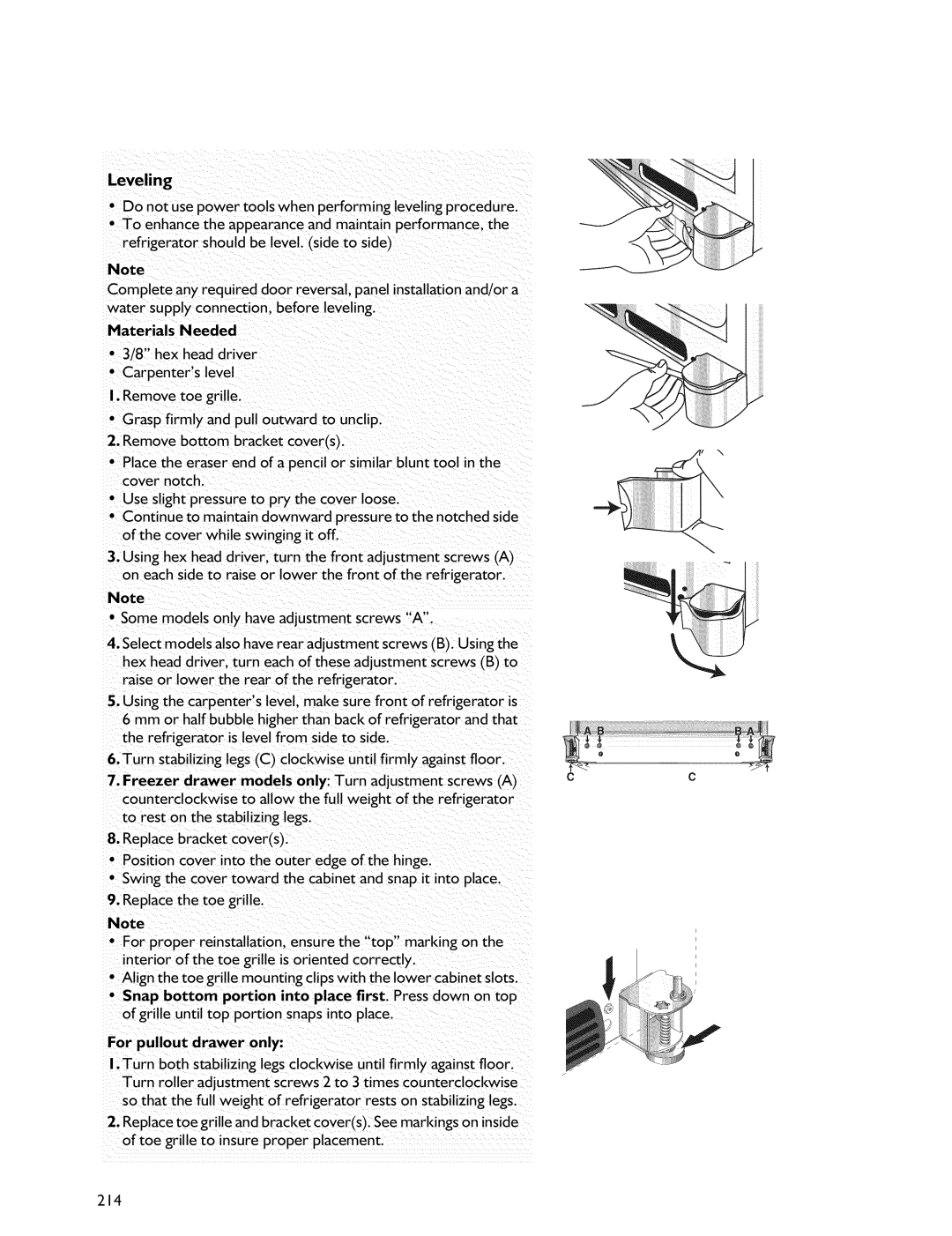 Whirlpool Freezer manual Leveling, 214, Water supply connection, before leveling Materials Needed, For pullout drawer only 