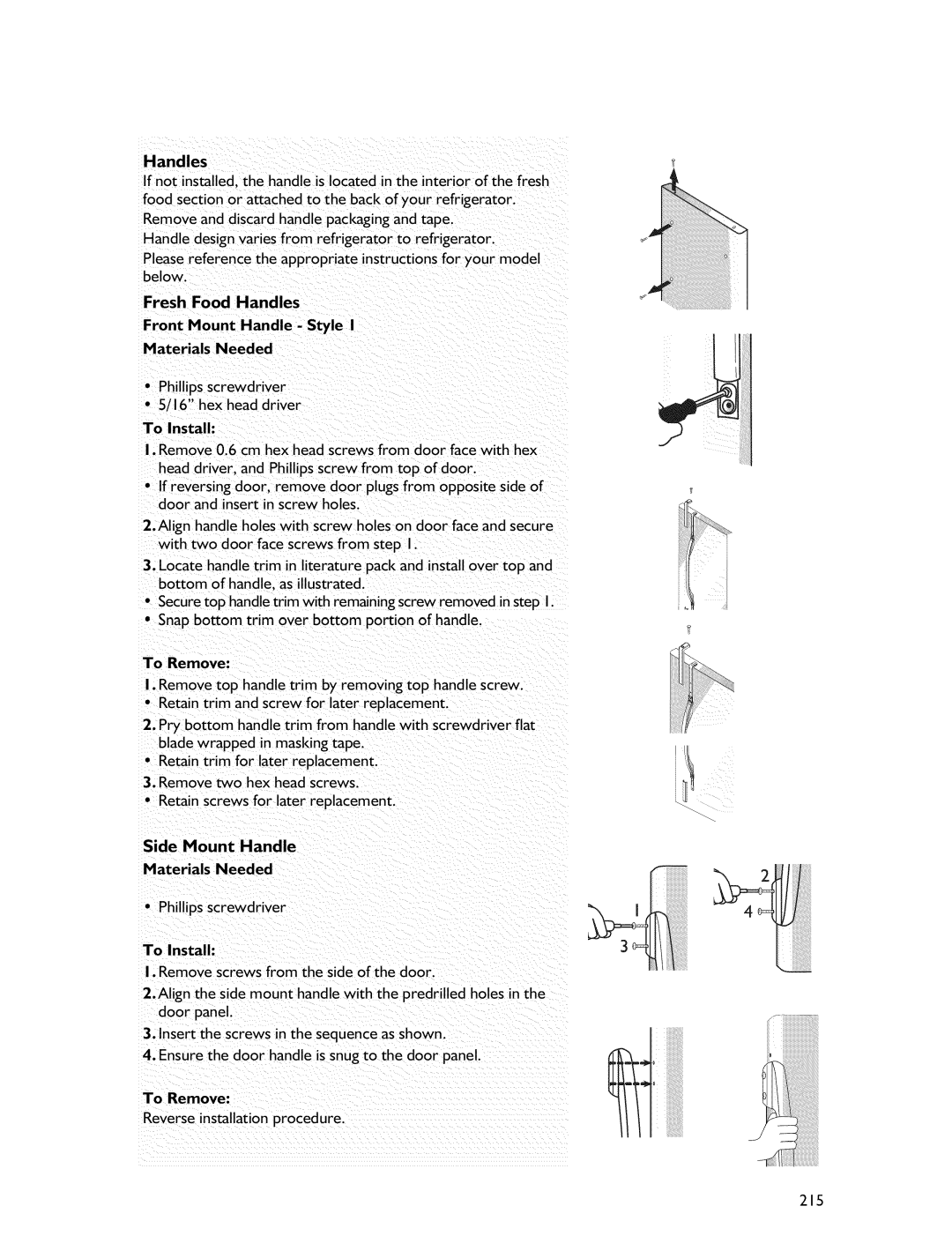 Whirlpool Freezer manual Side Mount Handle, Materials Needed, 215, Fresh Food Handles Front Mount Handle Style 