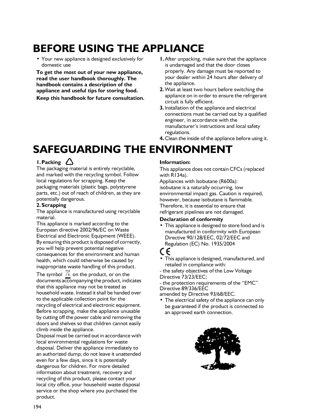 Whirlpool Freezer manual Before Using the Appliance, Safeguarding the Environment, 194 