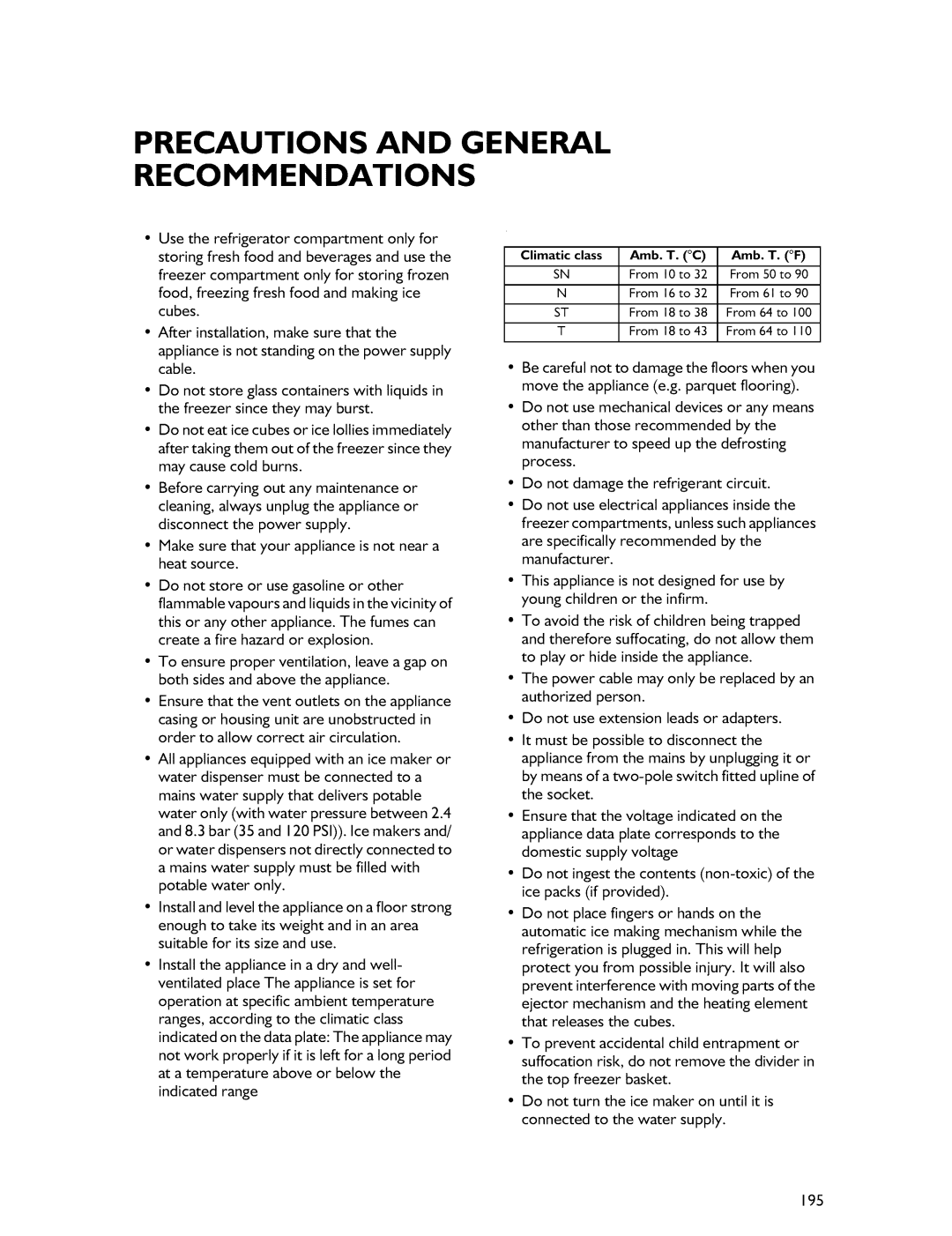 Whirlpool Freezer manual Precautions and General Recommendations 