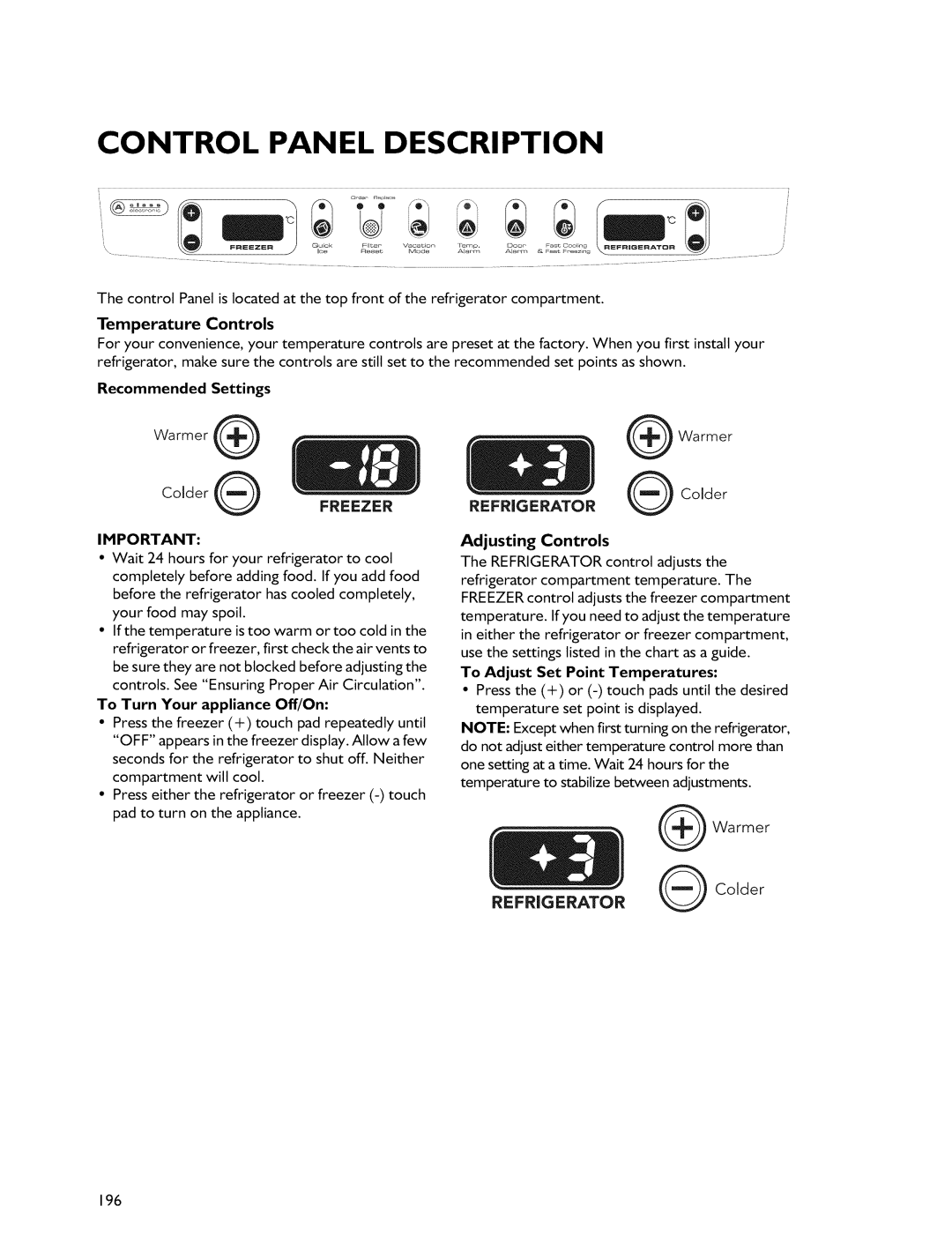 Whirlpool Freezer manual Control Panel Description, Adjusting Controls 