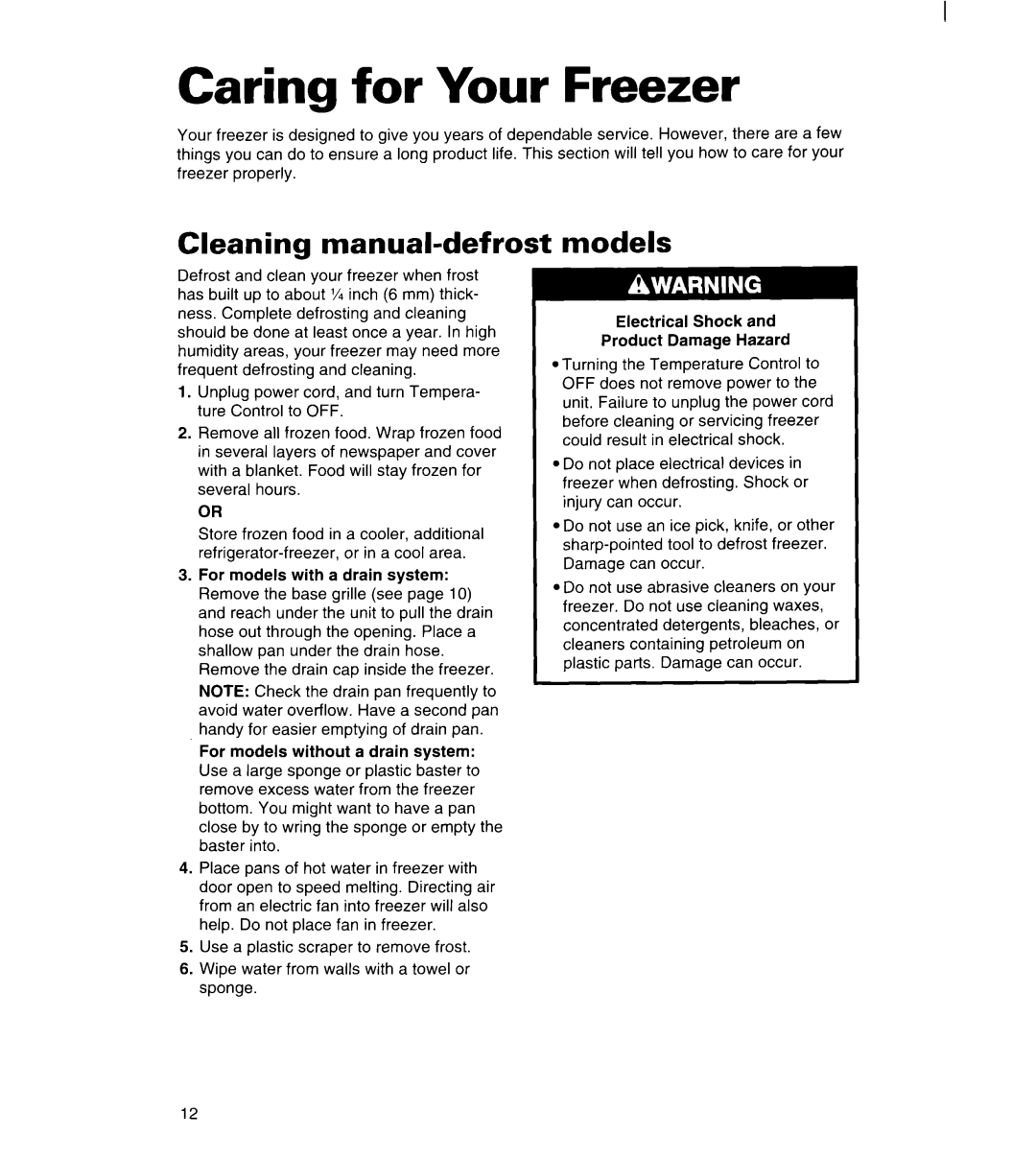 Whirlpool FREEZERS warranty Caring for Your Freezer, Cleaning manual-defrost, Models 