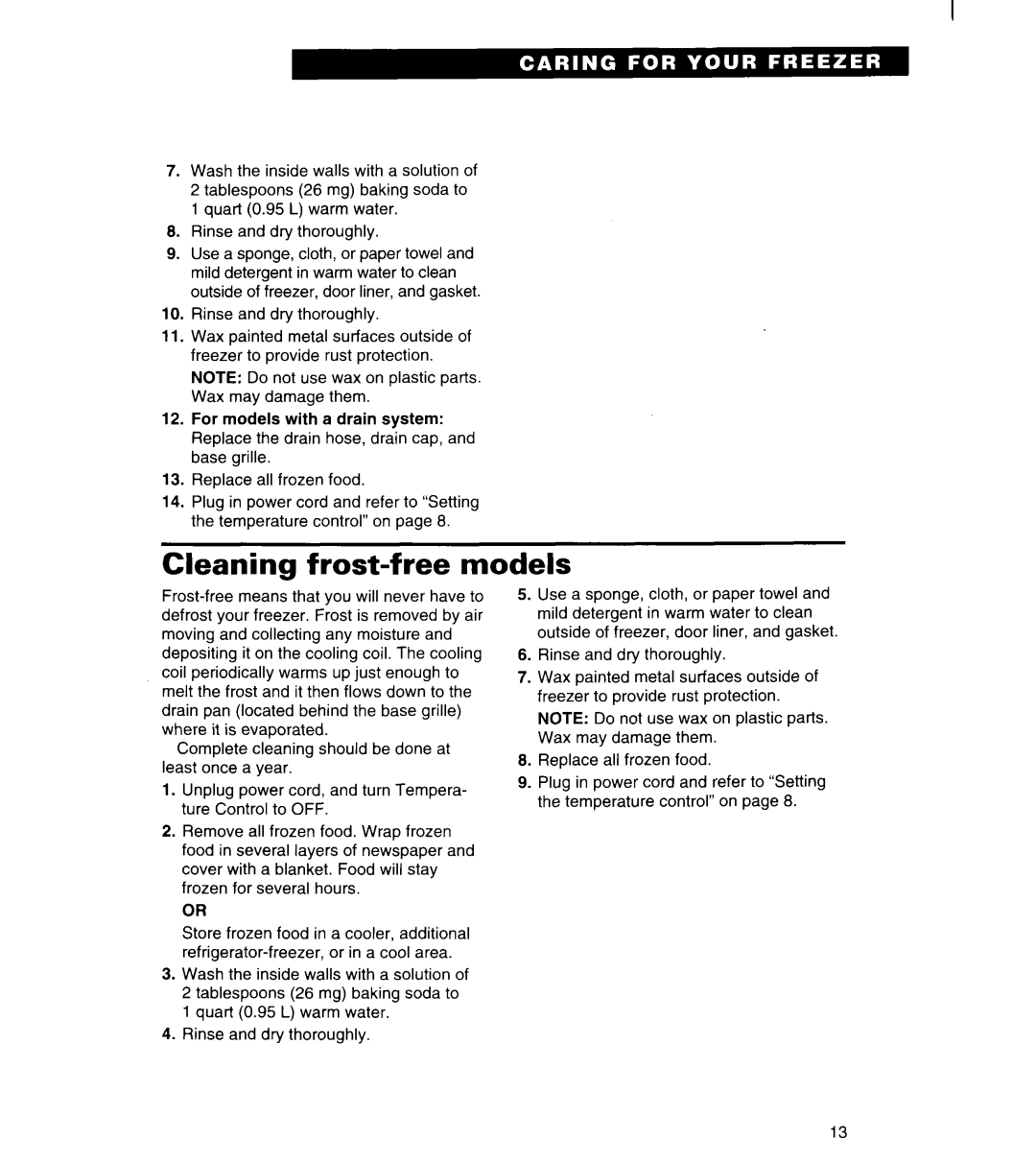 Whirlpool FREEZERS warranty Cleaning frost-free models 