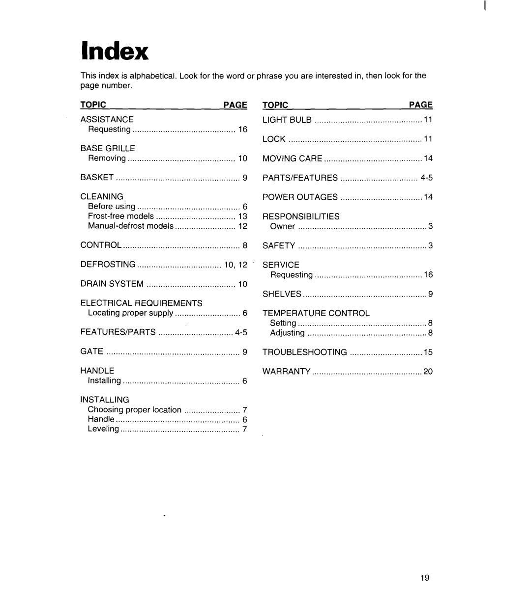 Whirlpool FREEZERS warranty Index, Cleaning 