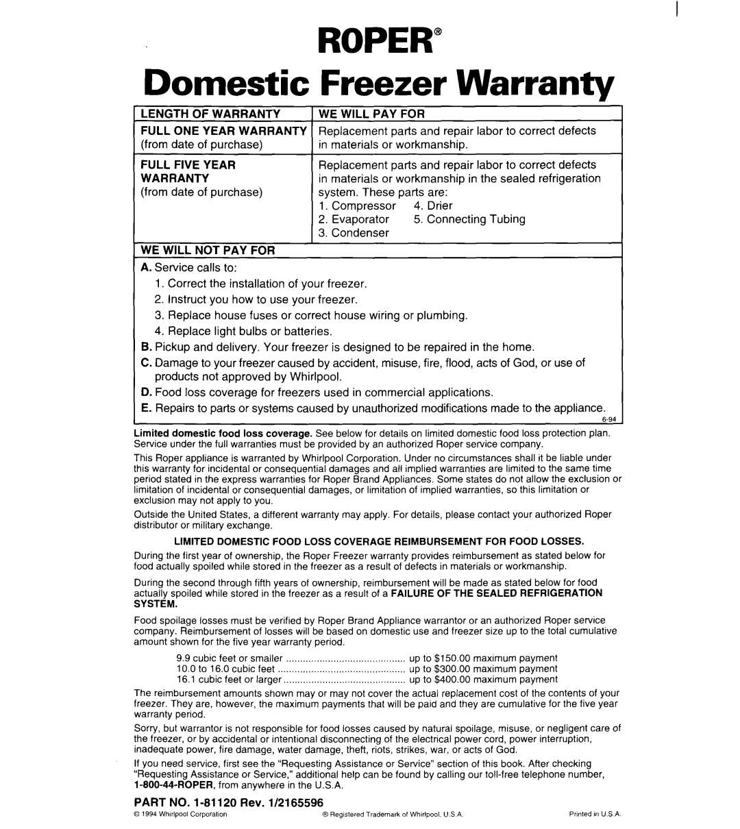 Whirlpool FREEZERS warranty Roper, Domestic Freezer Warranty 